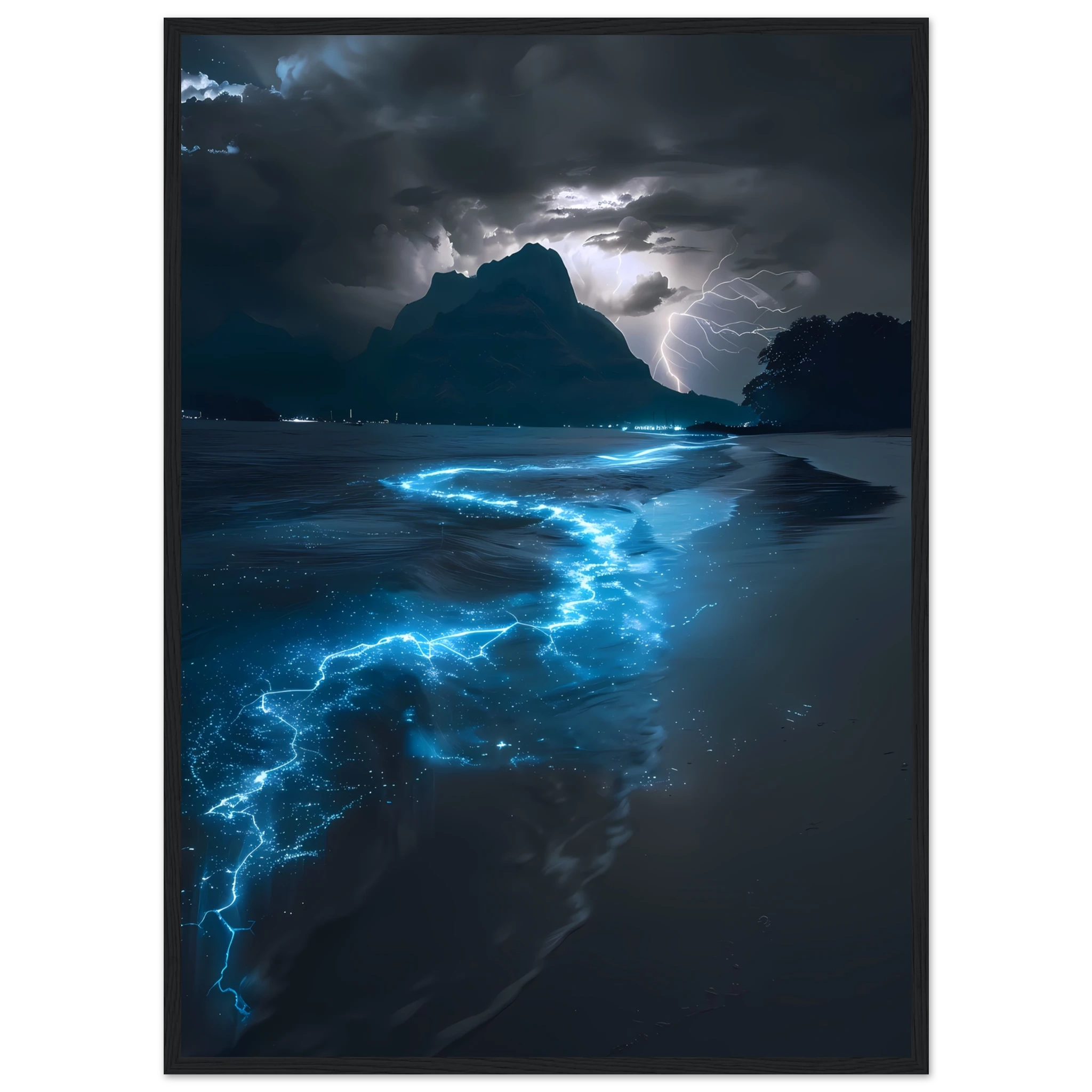 Electric blue glowing ocean waves at night — surreal marine fantasy wall art.
