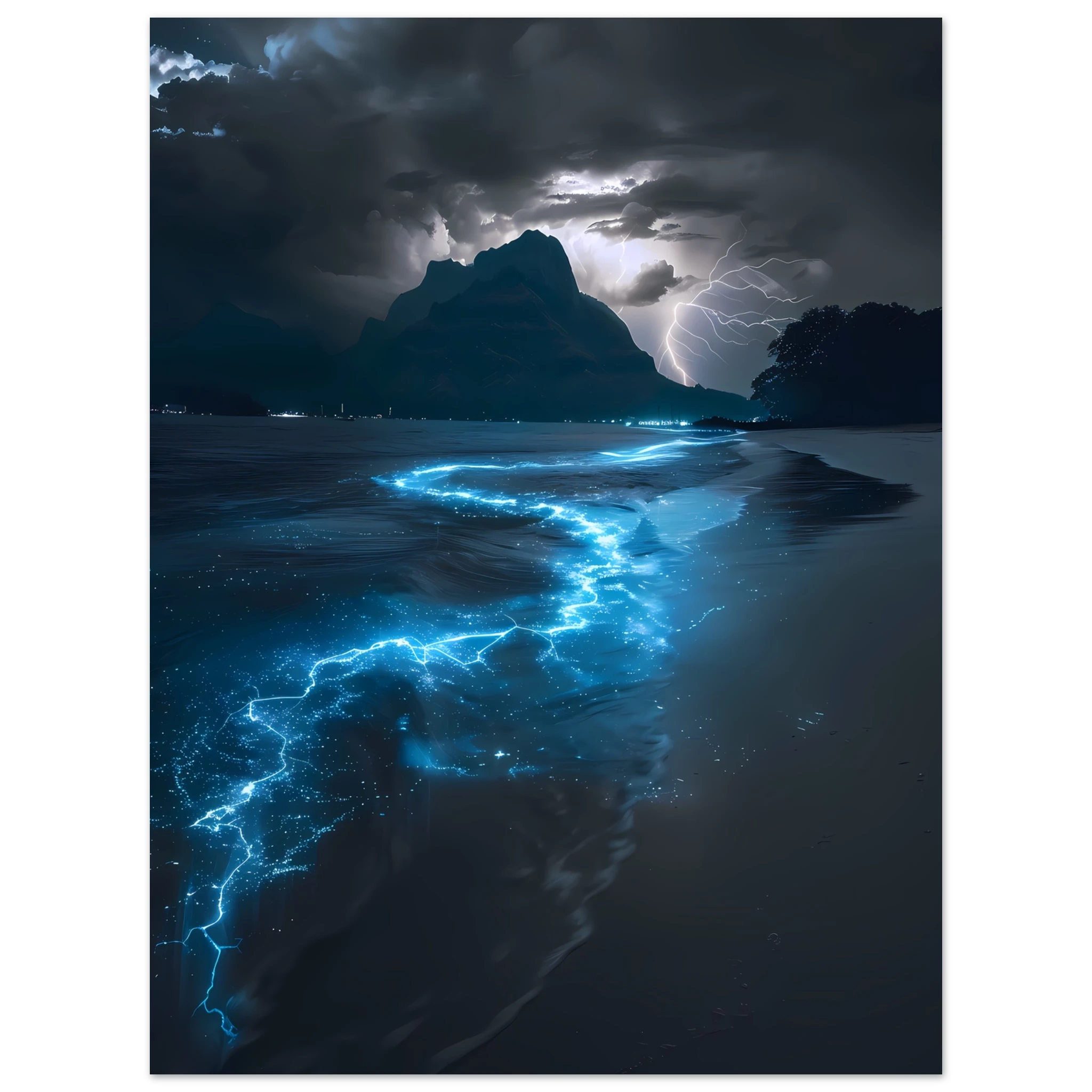 Electric blue glowing ocean waves at night — surreal marine fantasy wall art.
