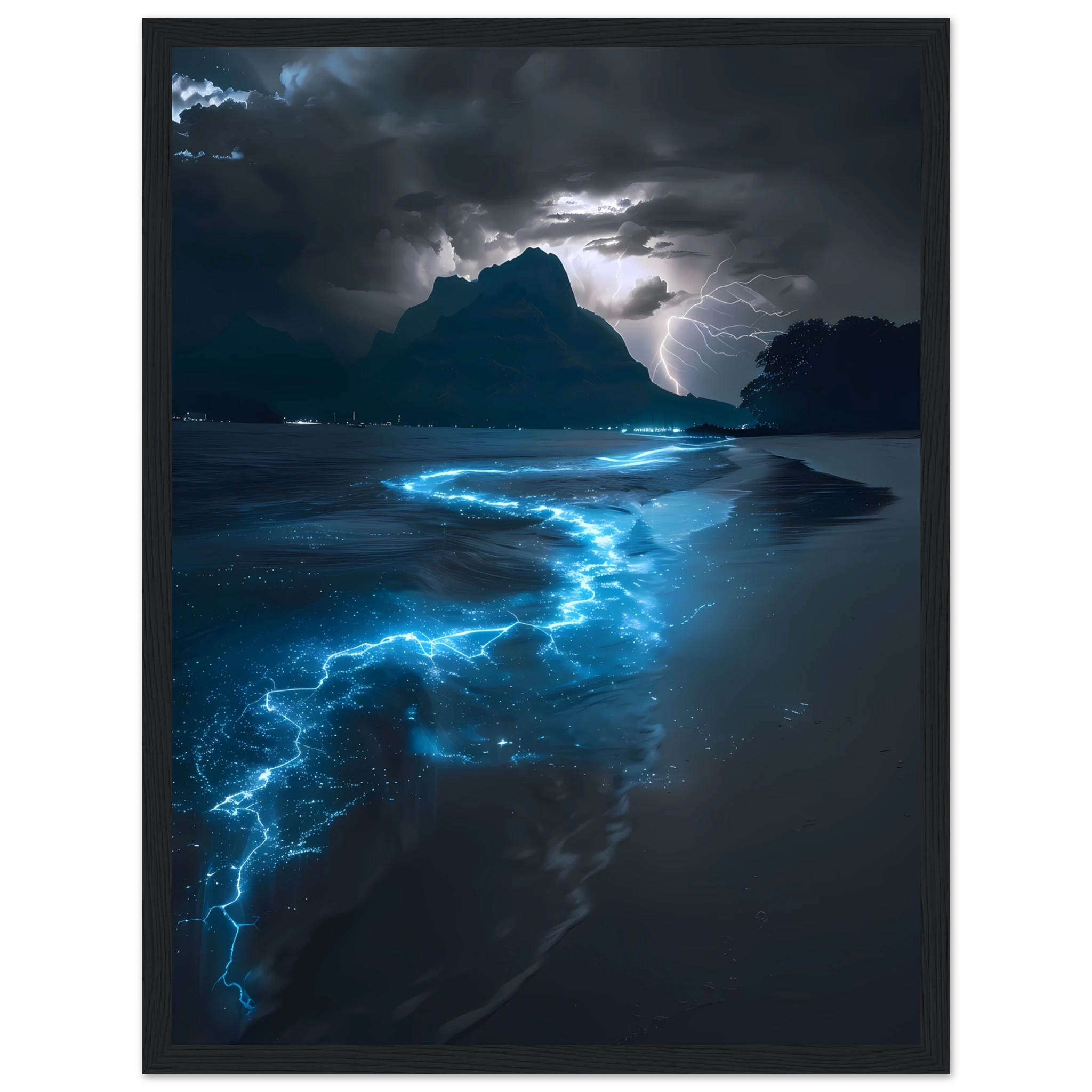 Electric blue glowing ocean waves at night — surreal marine fantasy wall art.