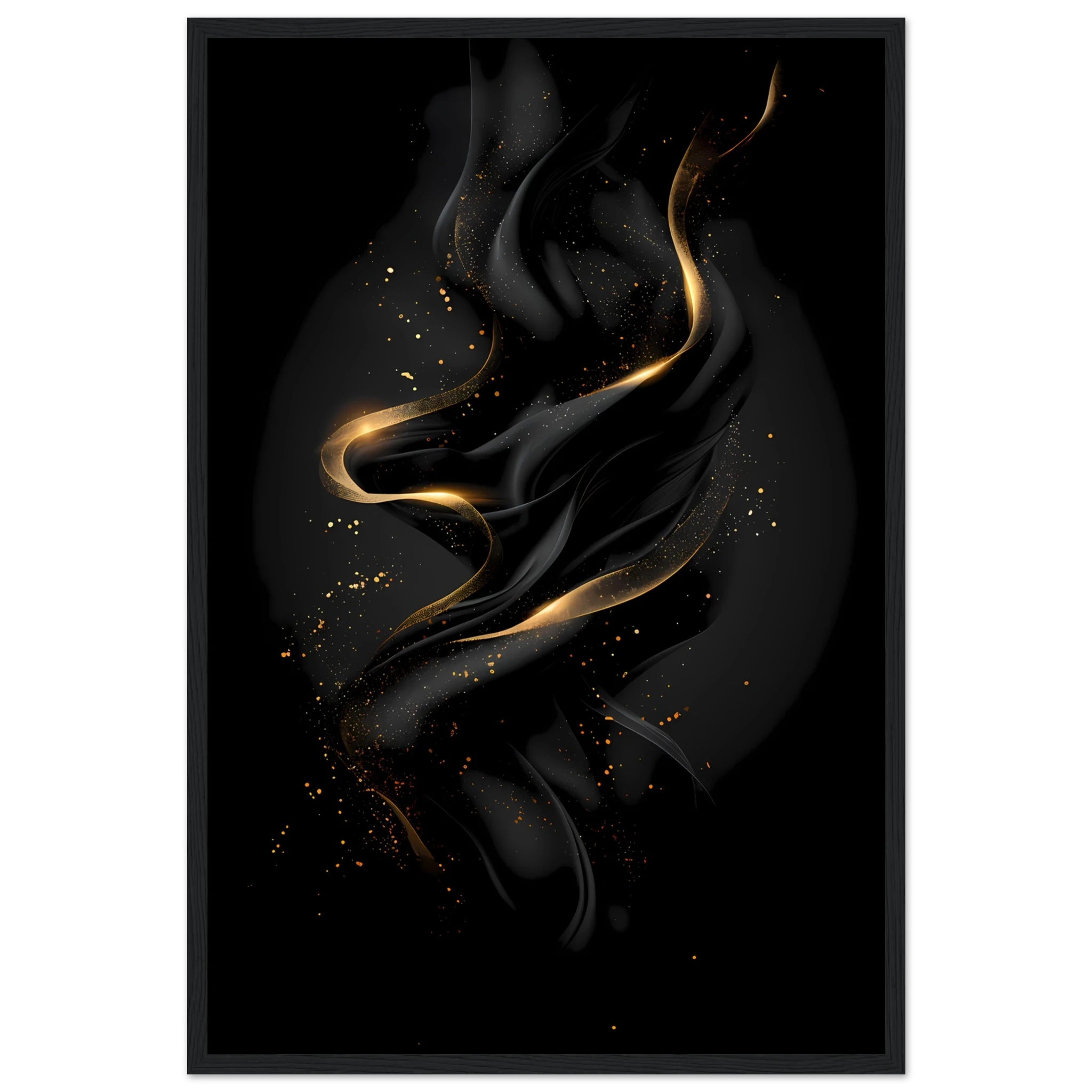 Matte black background with precise metallic gold geometric lines — luxury minimalist wall art.