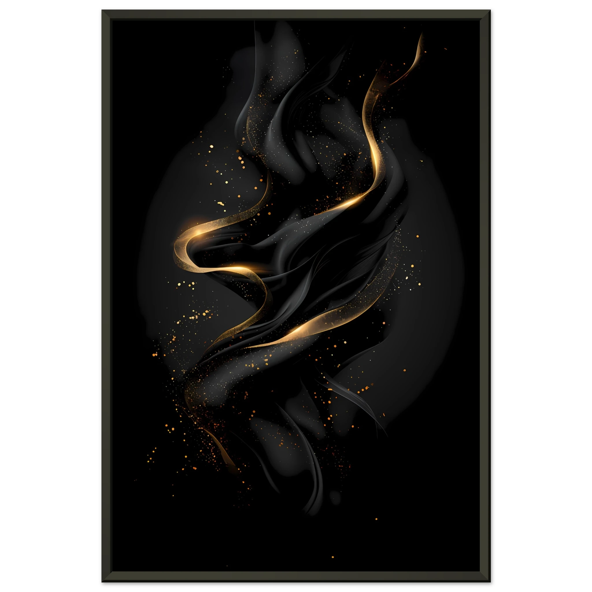 Matte black background with precise metallic gold geometric lines — luxury minimalist wall art.