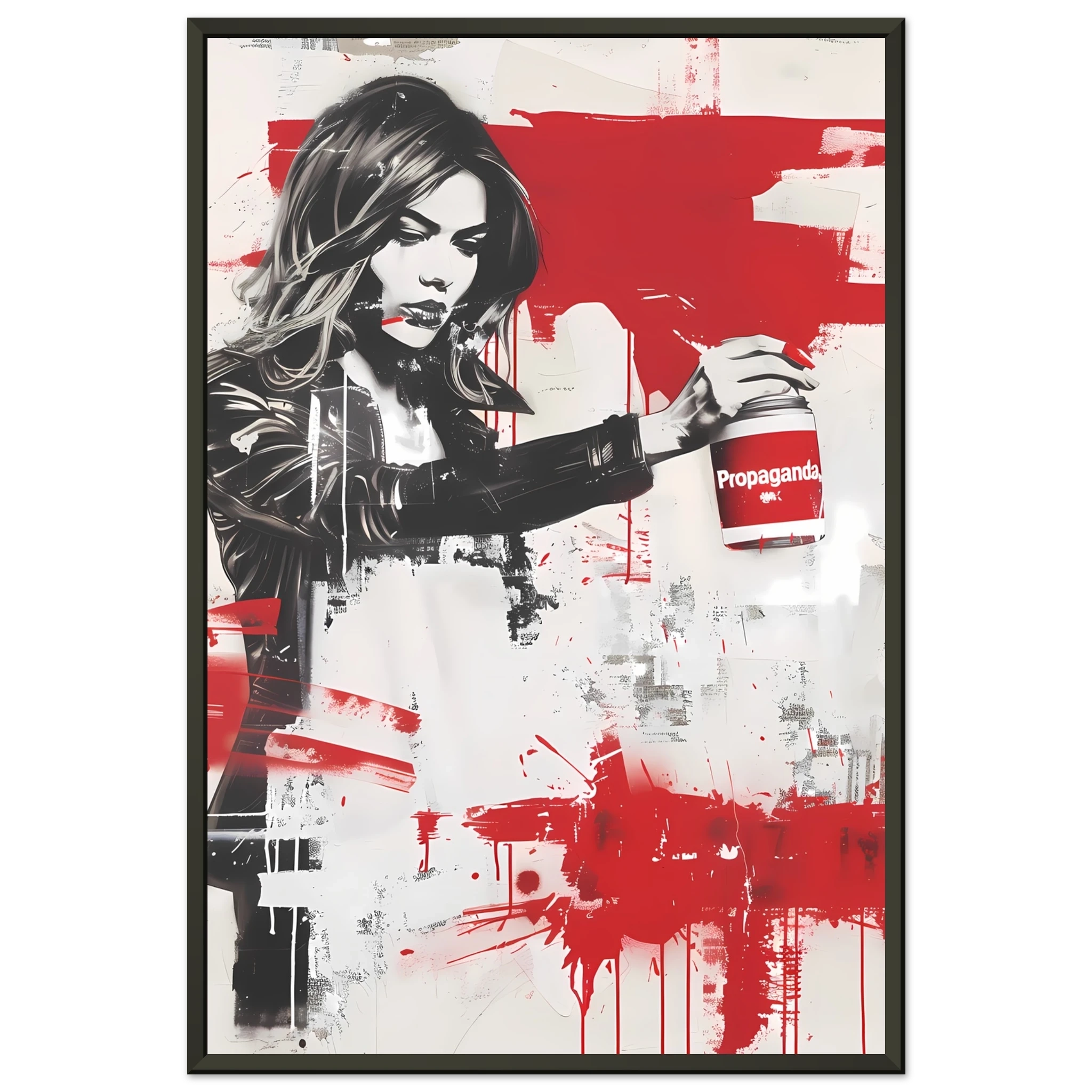 Woman using propaganda paint as makeup — Banksy inspired media satire.