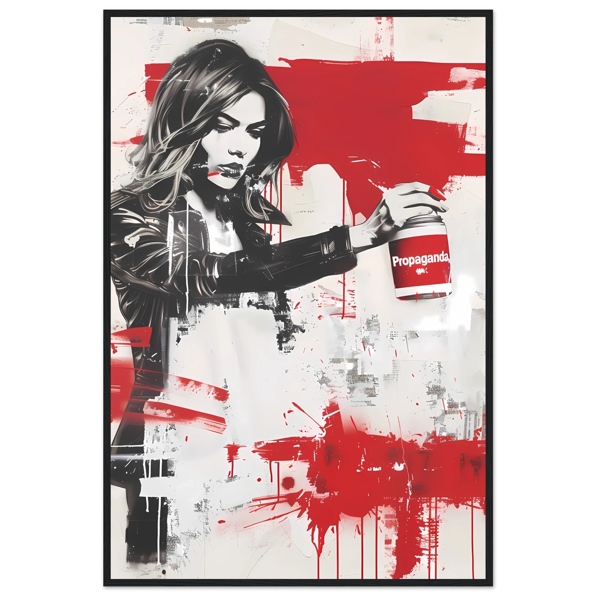 Woman using propaganda paint as makeup — Banksy inspired media satire.