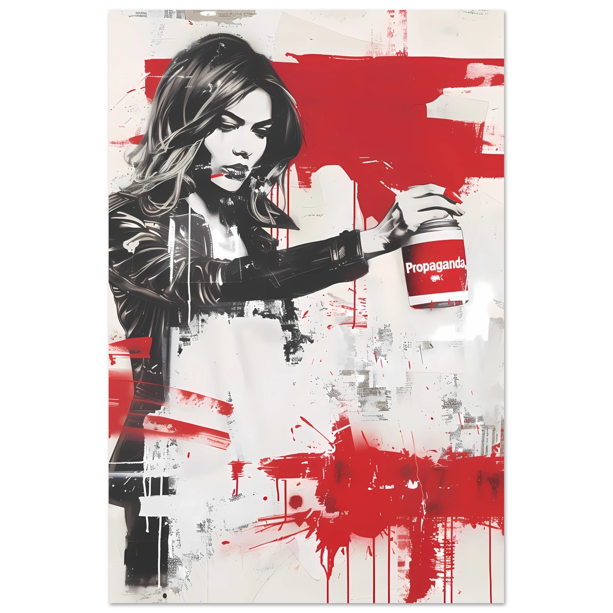 Woman using propaganda paint as makeup — Banksy inspired media satire.