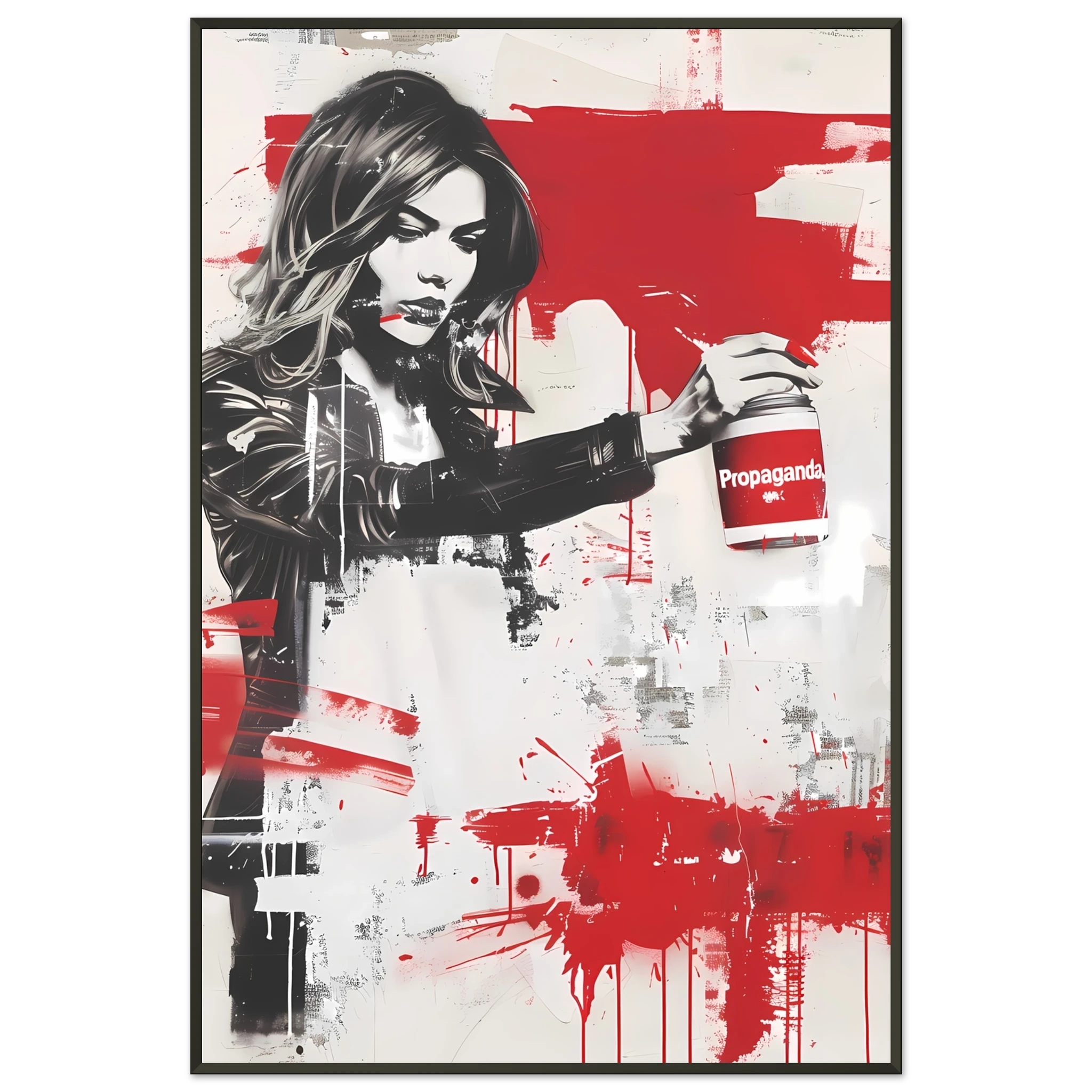 Woman using propaganda paint as makeup — Banksy inspired media satire.