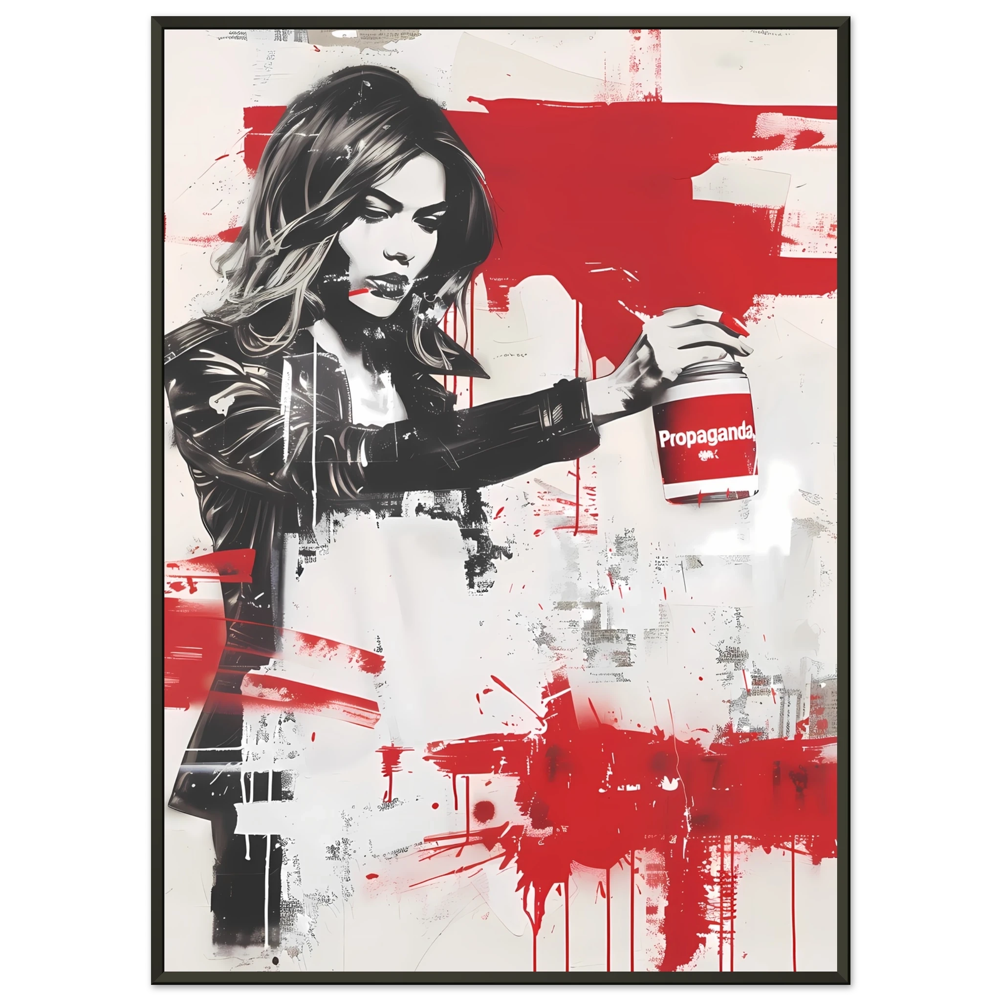 Woman using propaganda paint as makeup — Banksy inspired media satire.