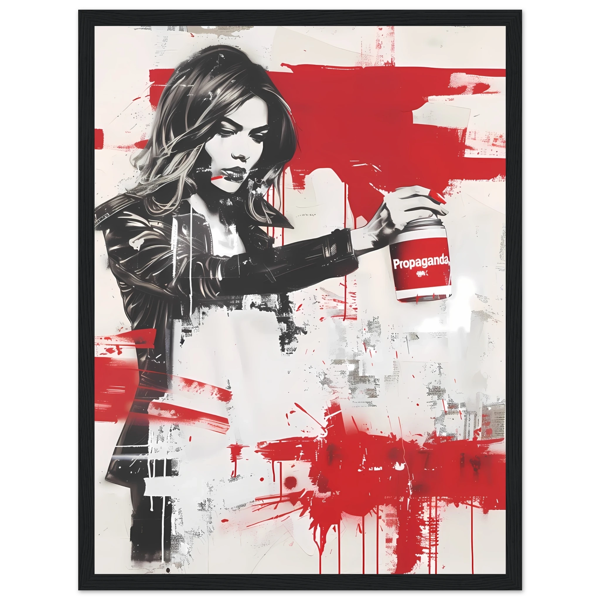 Woman using propaganda paint as makeup — Banksy inspired media satire.