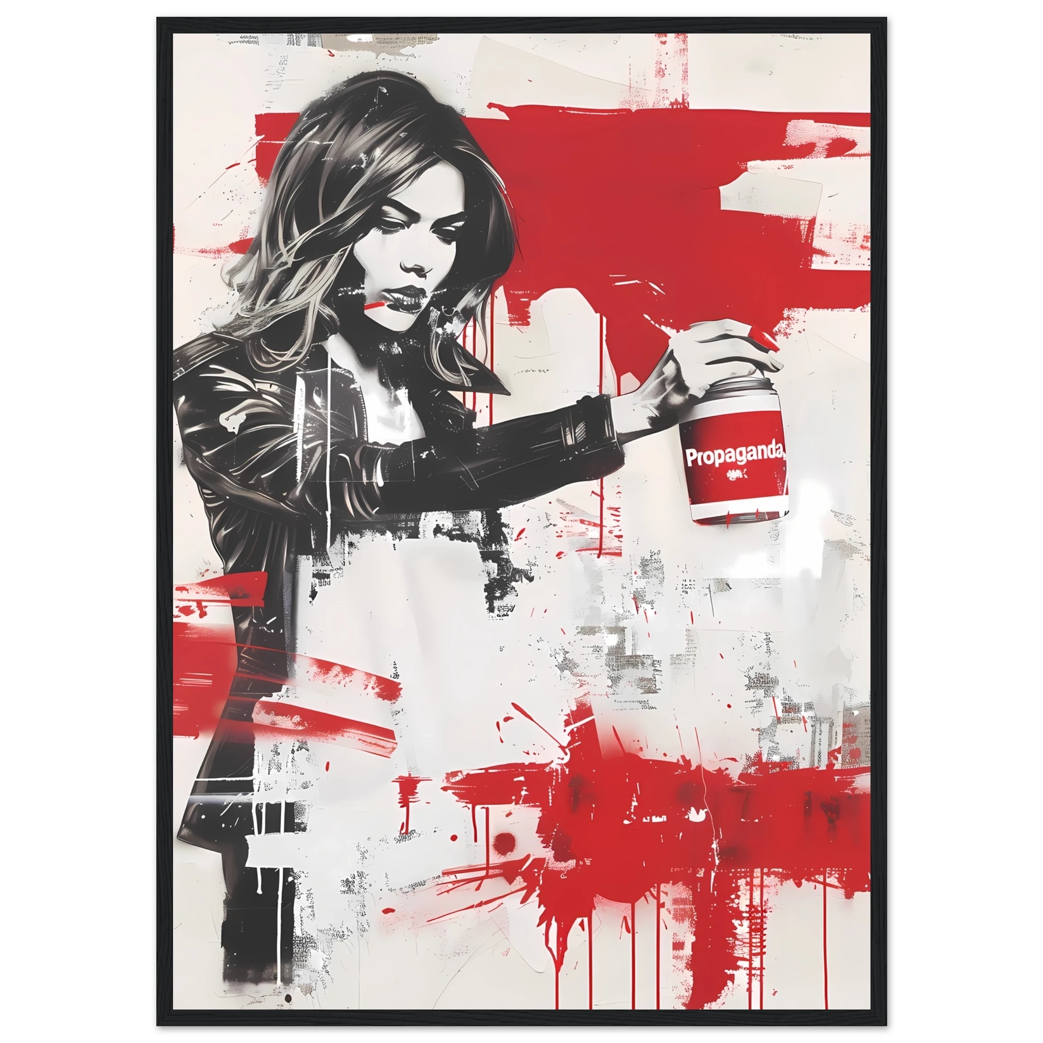 Woman using propaganda paint as makeup — Banksy inspired media satire.