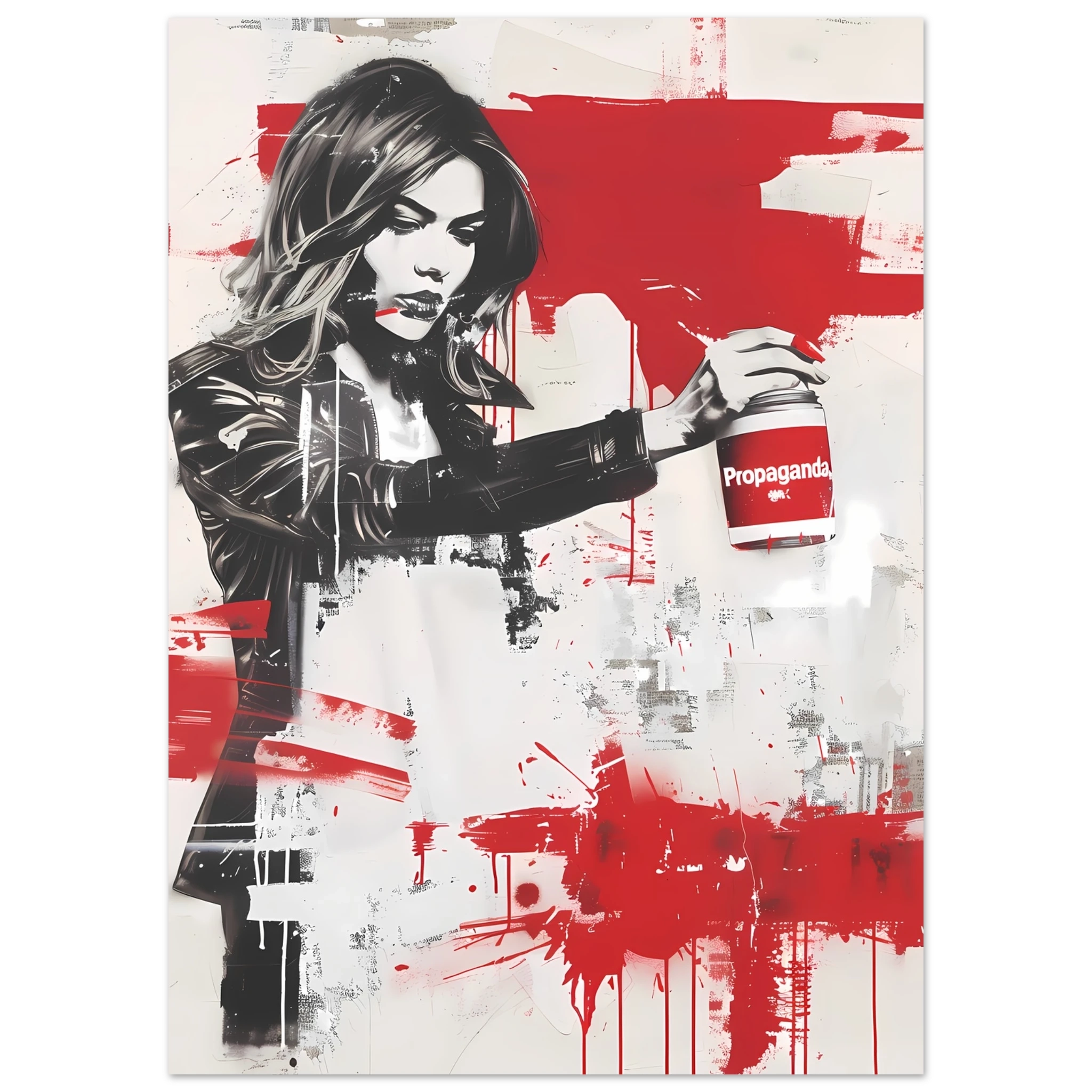 Woman using propaganda paint as makeup — Banksy inspired media satire.