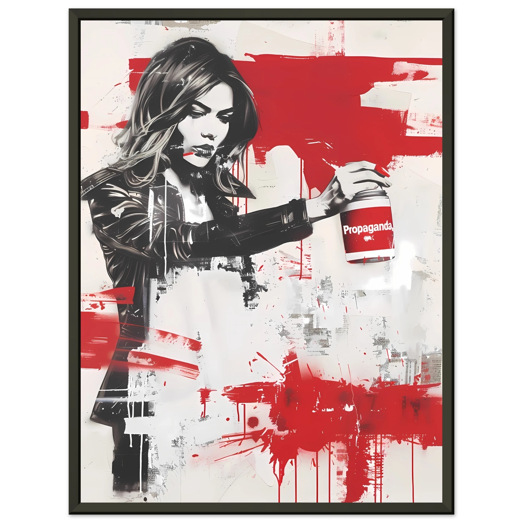 Woman using propaganda paint as makeup — Banksy inspired media satire.