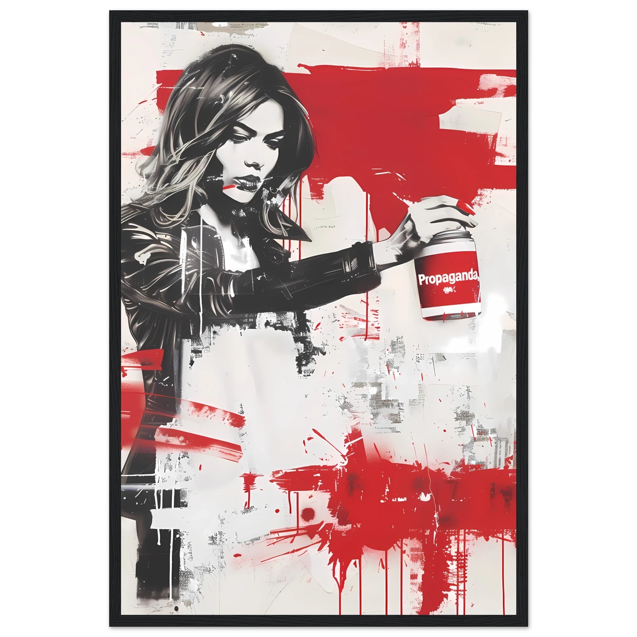 Woman using propaganda paint as makeup — Banksy inspired media satire.