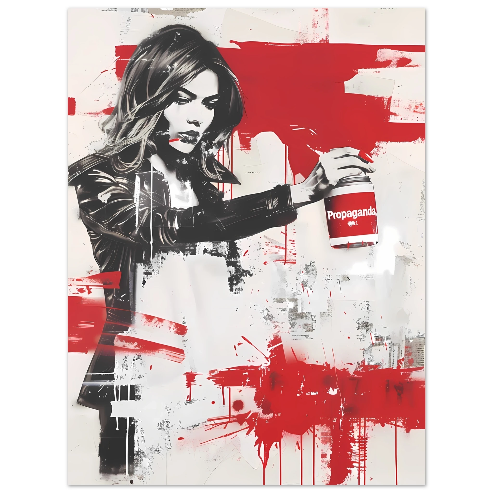 Woman using propaganda paint as makeup — Banksy inspired media satire.