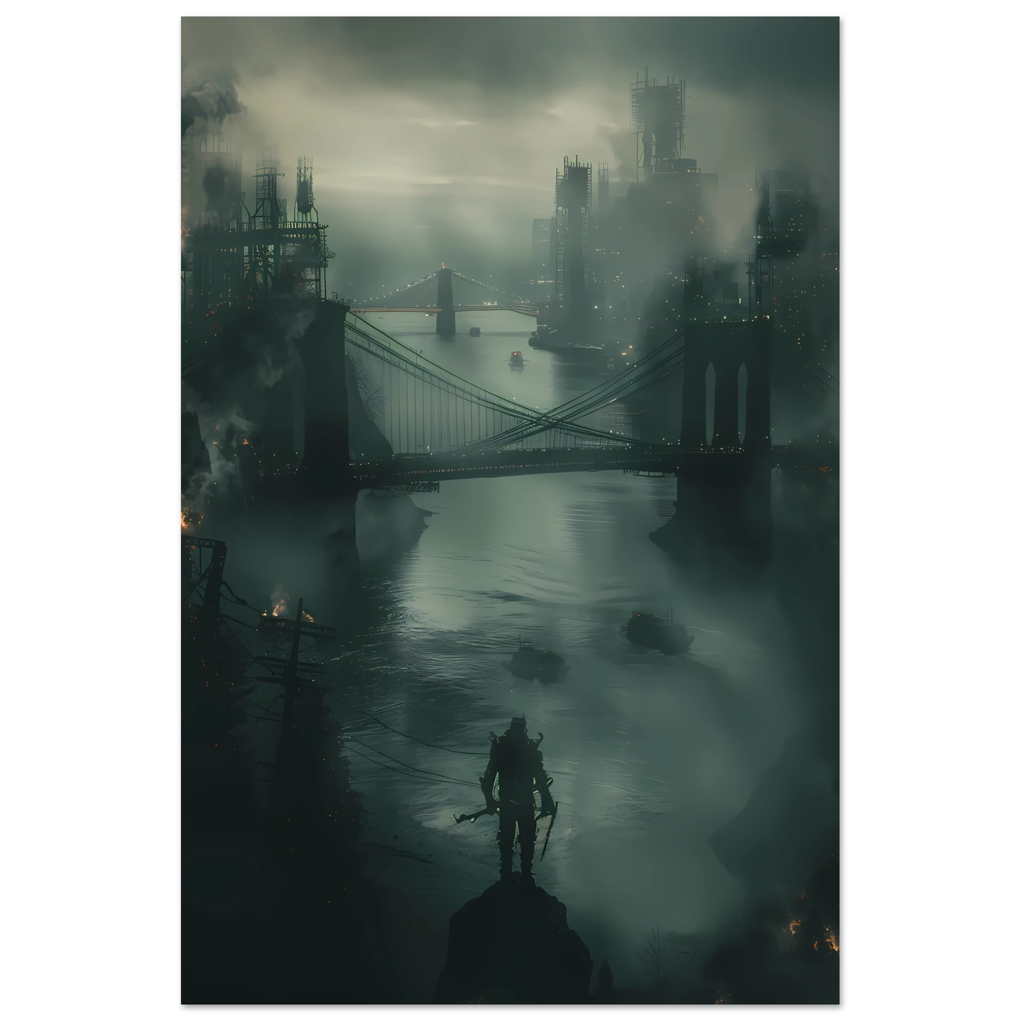 Futuristic glowing bridge spanning dark river under neon city lights — cinematic wall print.
