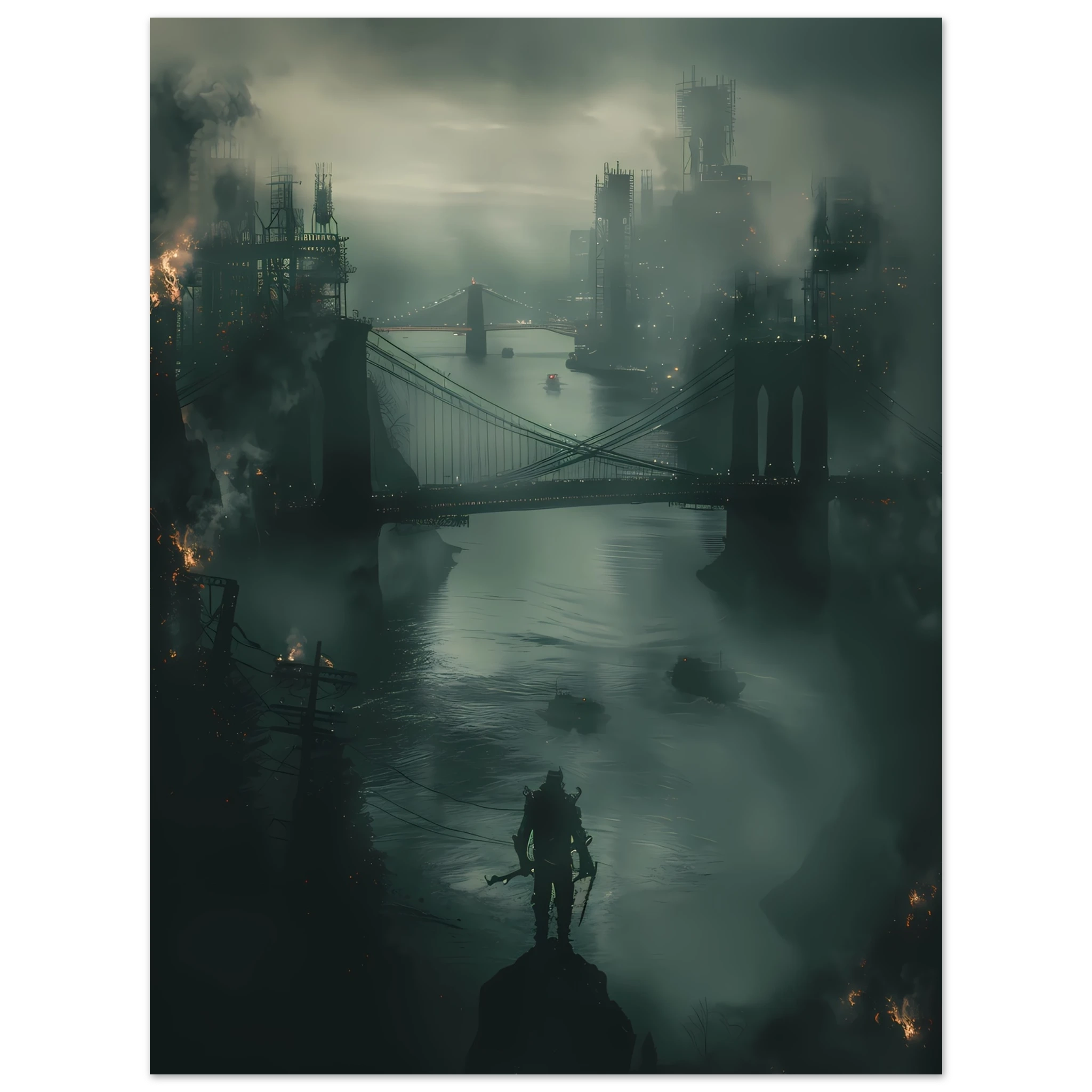 Futuristic glowing bridge spanning dark river under neon city lights — cinematic wall print.