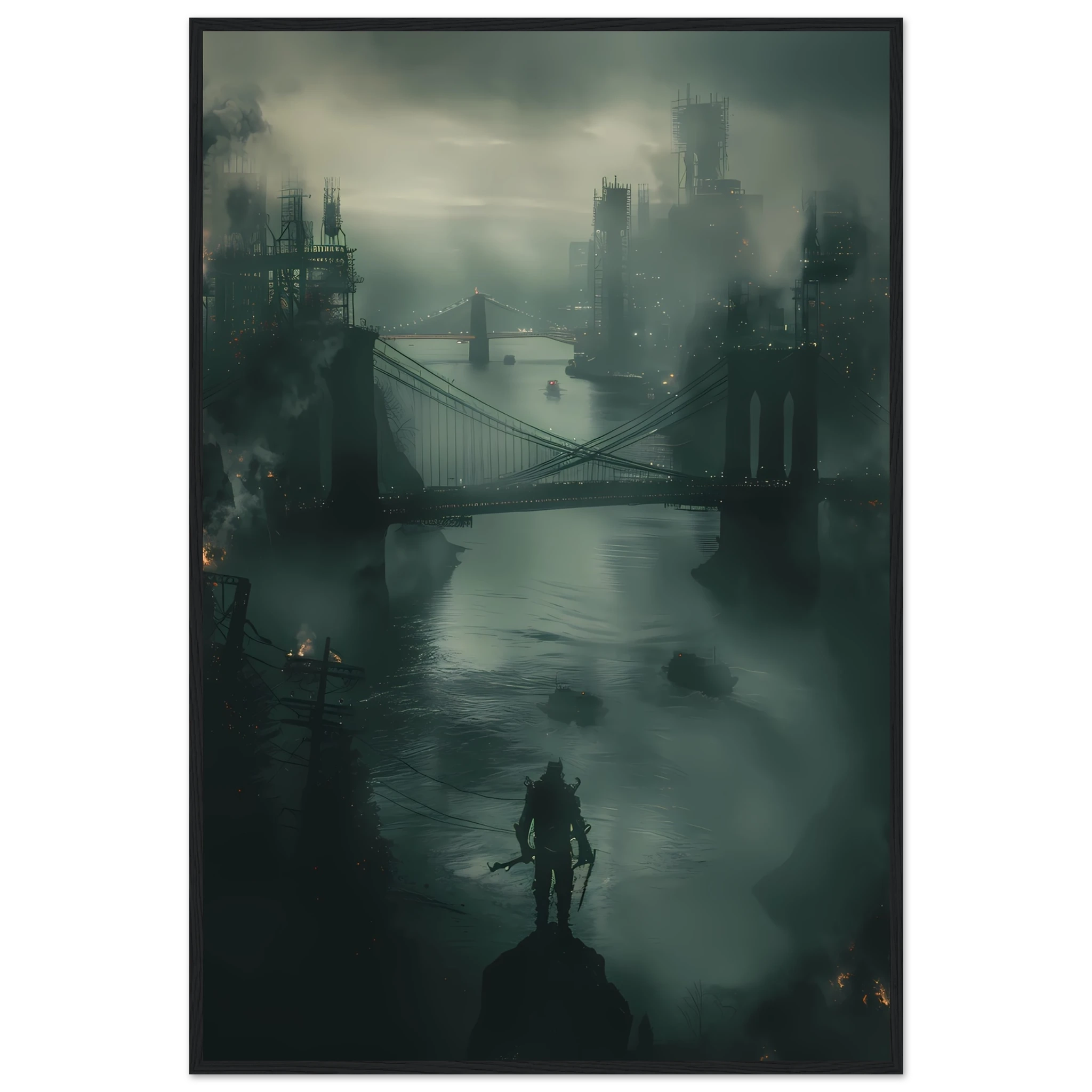 Futuristic glowing bridge spanning dark river under neon city lights — cinematic wall print.