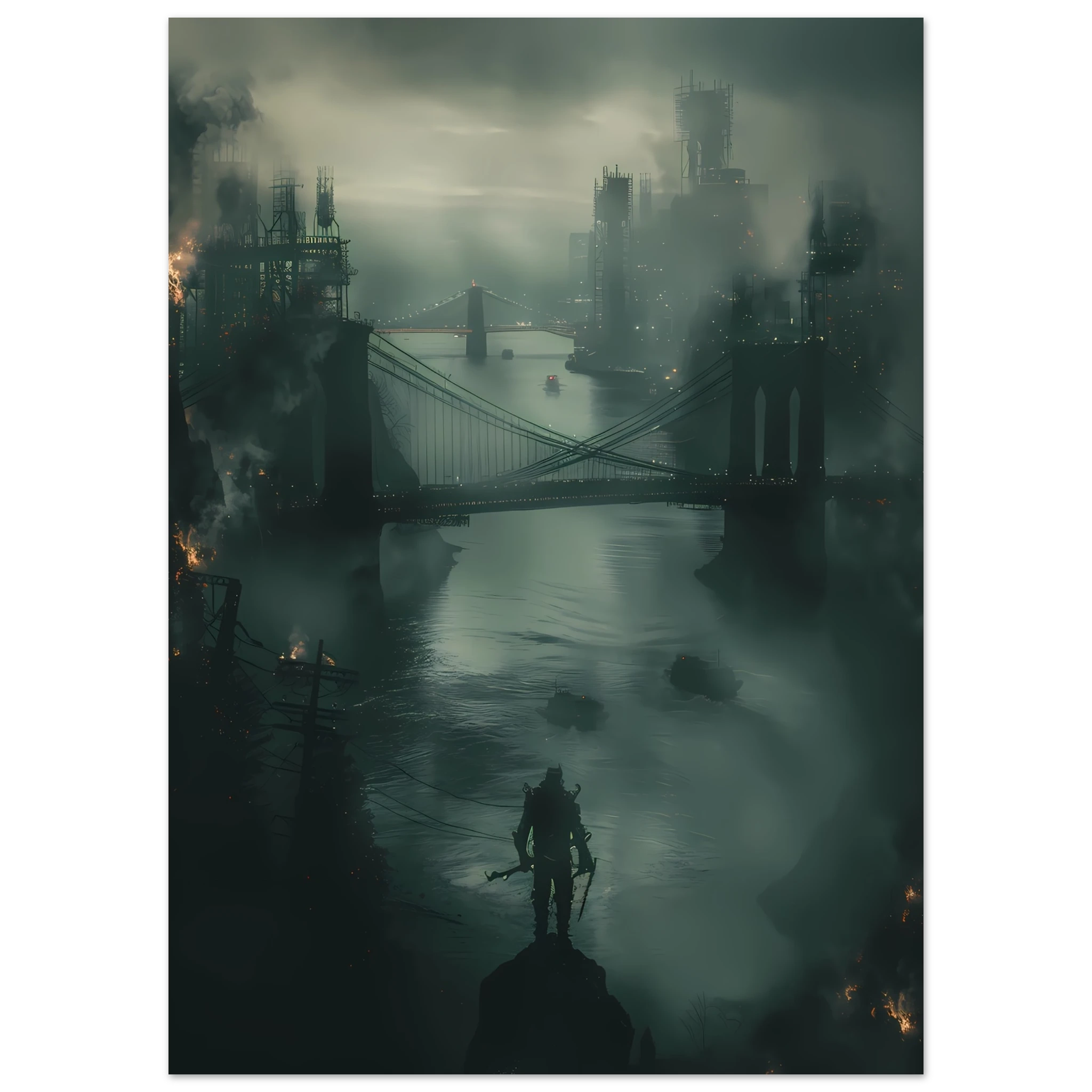 Futuristic glowing bridge spanning dark river under neon city lights — cinematic wall print.