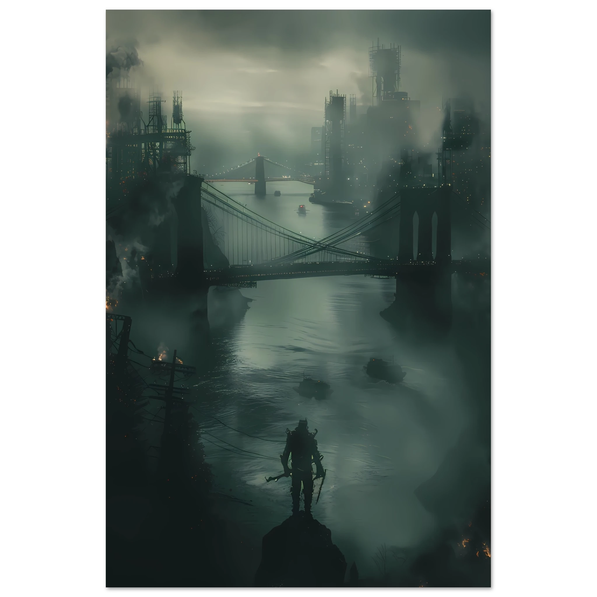 Futuristic glowing bridge spanning dark river under neon city lights — cinematic wall print.