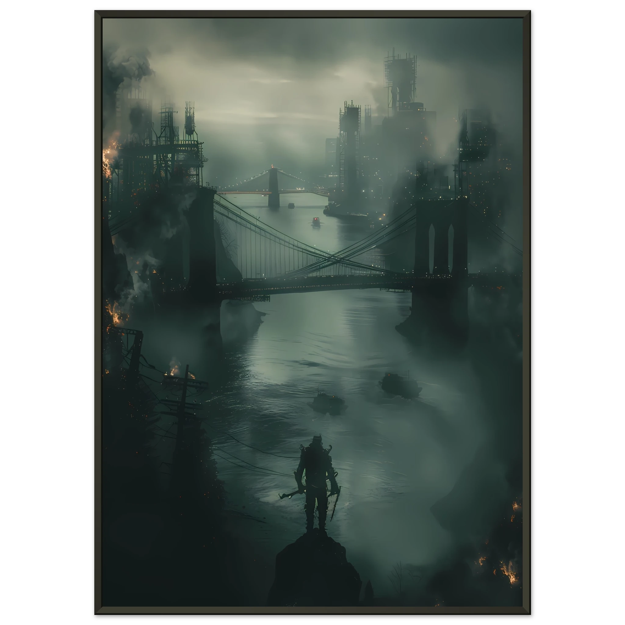 Futuristic glowing bridge spanning dark river under neon city lights — cinematic wall print.