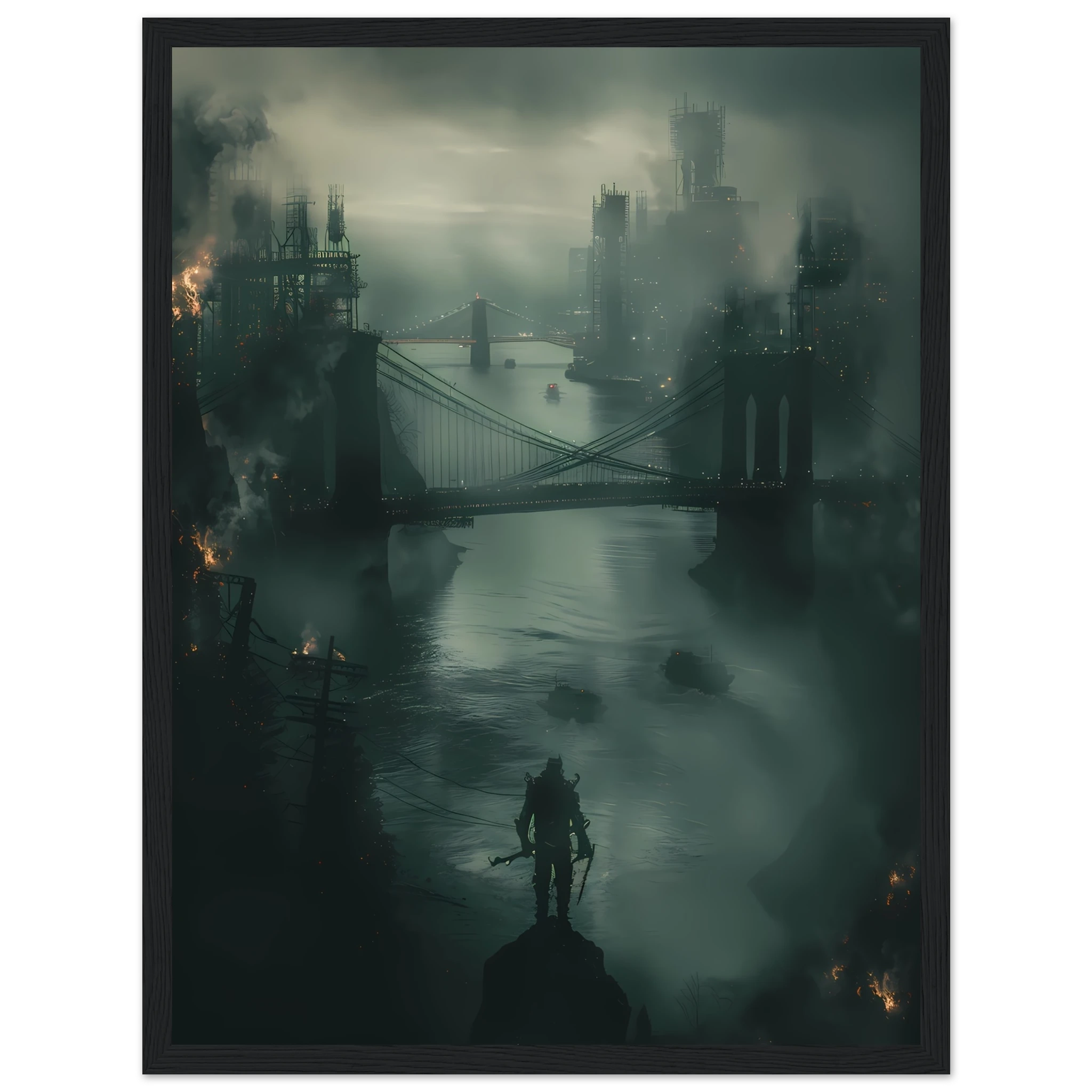 Futuristic glowing bridge spanning dark river under neon city lights — cinematic wall print.
