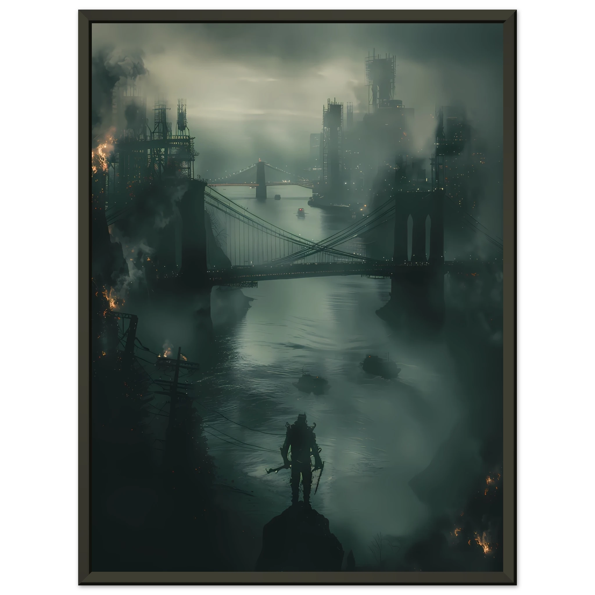 Futuristic glowing bridge spanning dark river under neon city lights — cinematic wall print.