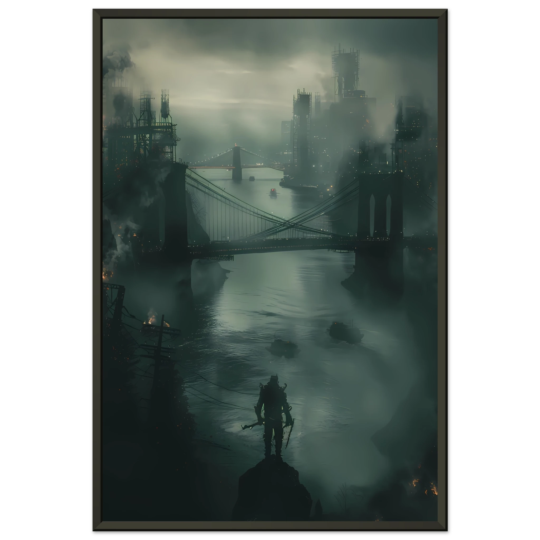 Futuristic glowing bridge spanning dark river under neon city lights — cinematic wall print.