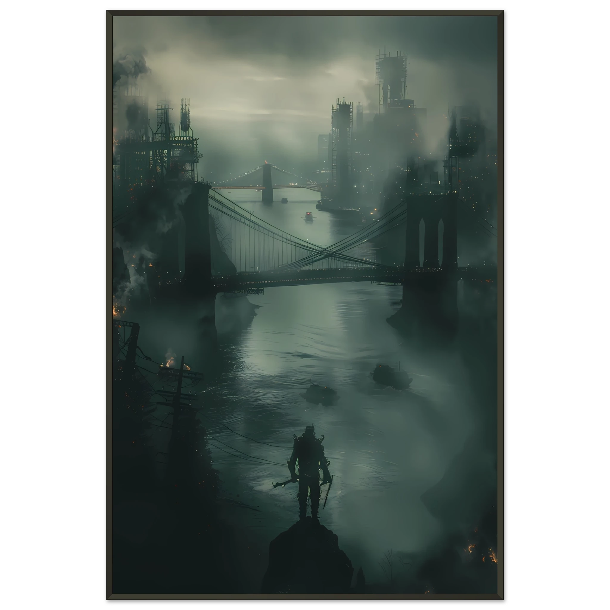 Futuristic glowing bridge spanning dark river under neon city lights — cinematic wall print.