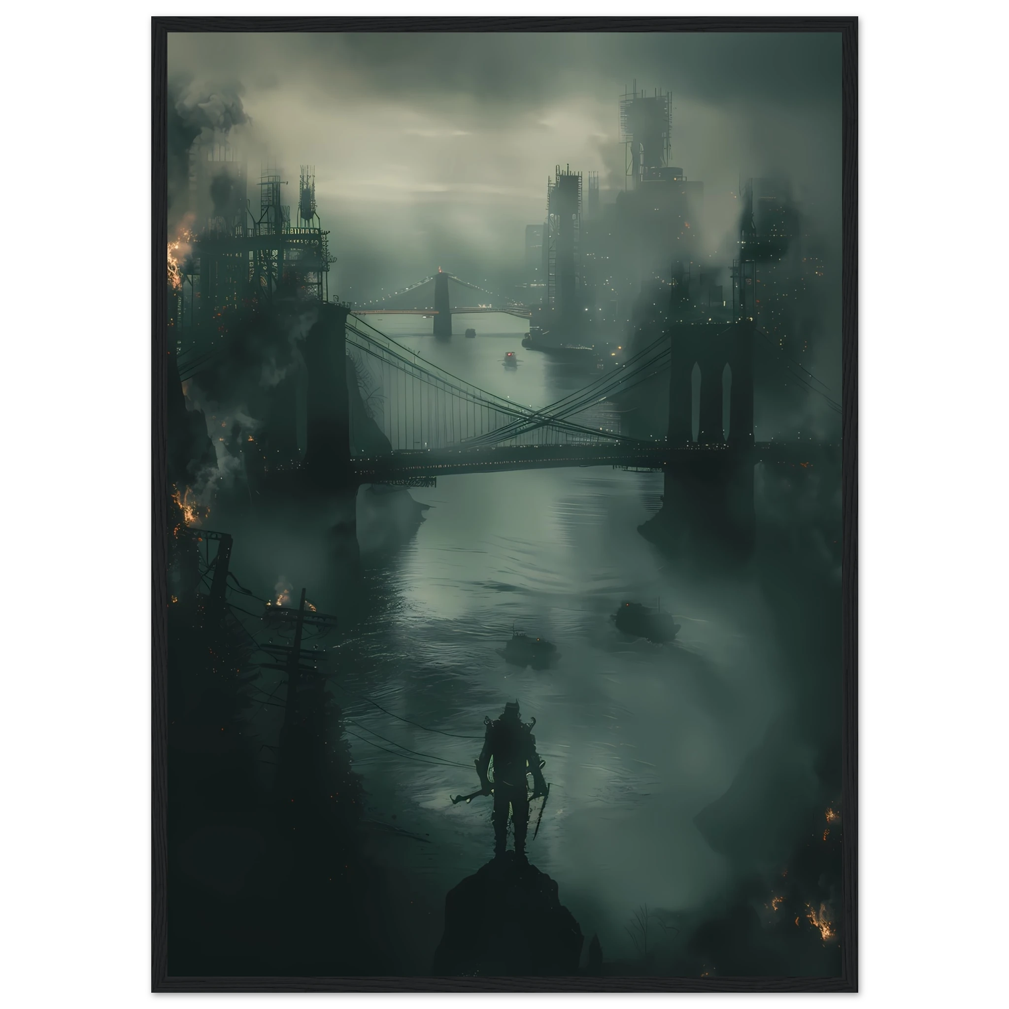 Futuristic glowing bridge spanning dark river under neon city lights — cinematic wall print.