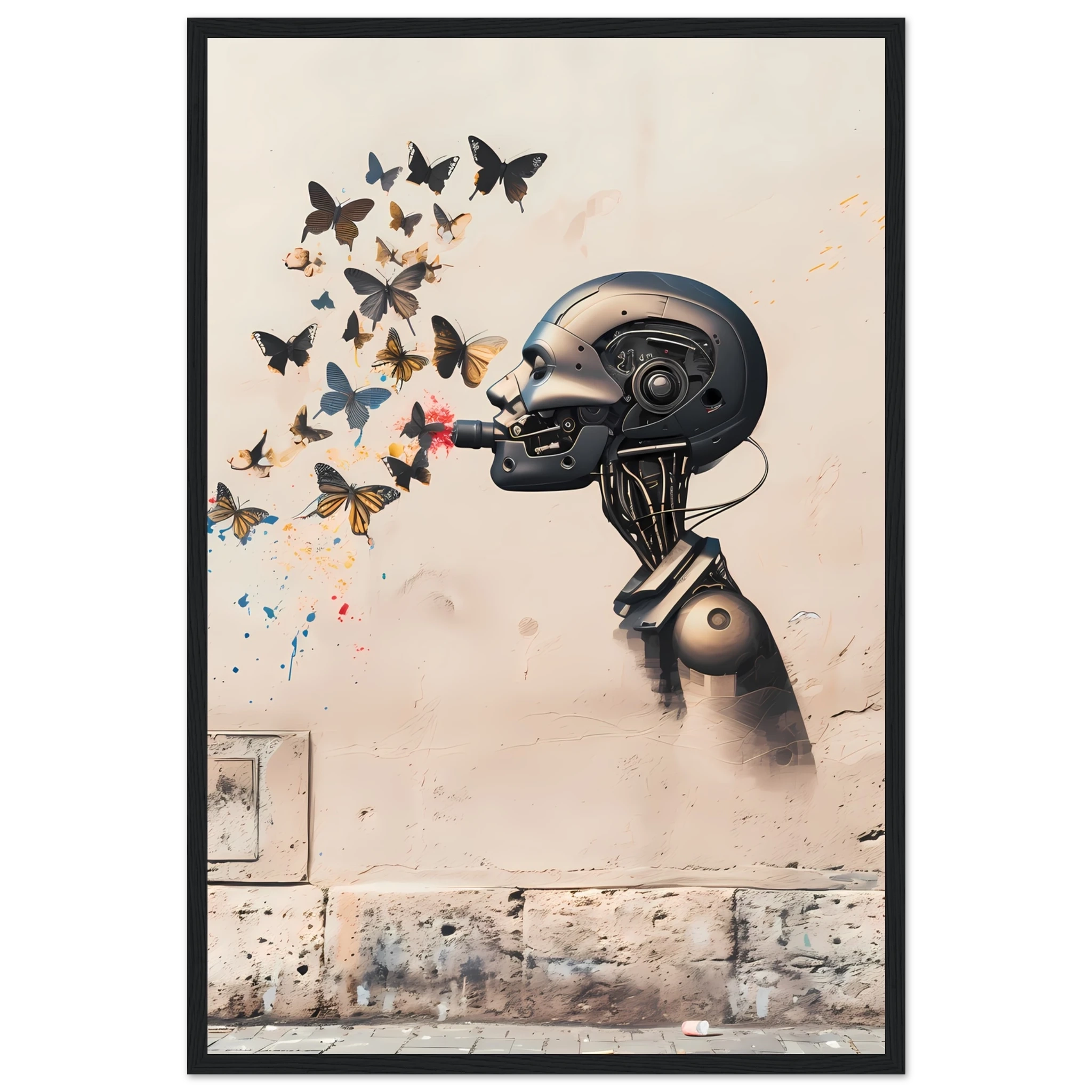 Robot painting shapes that become butterflies — Banksy style creative art.
