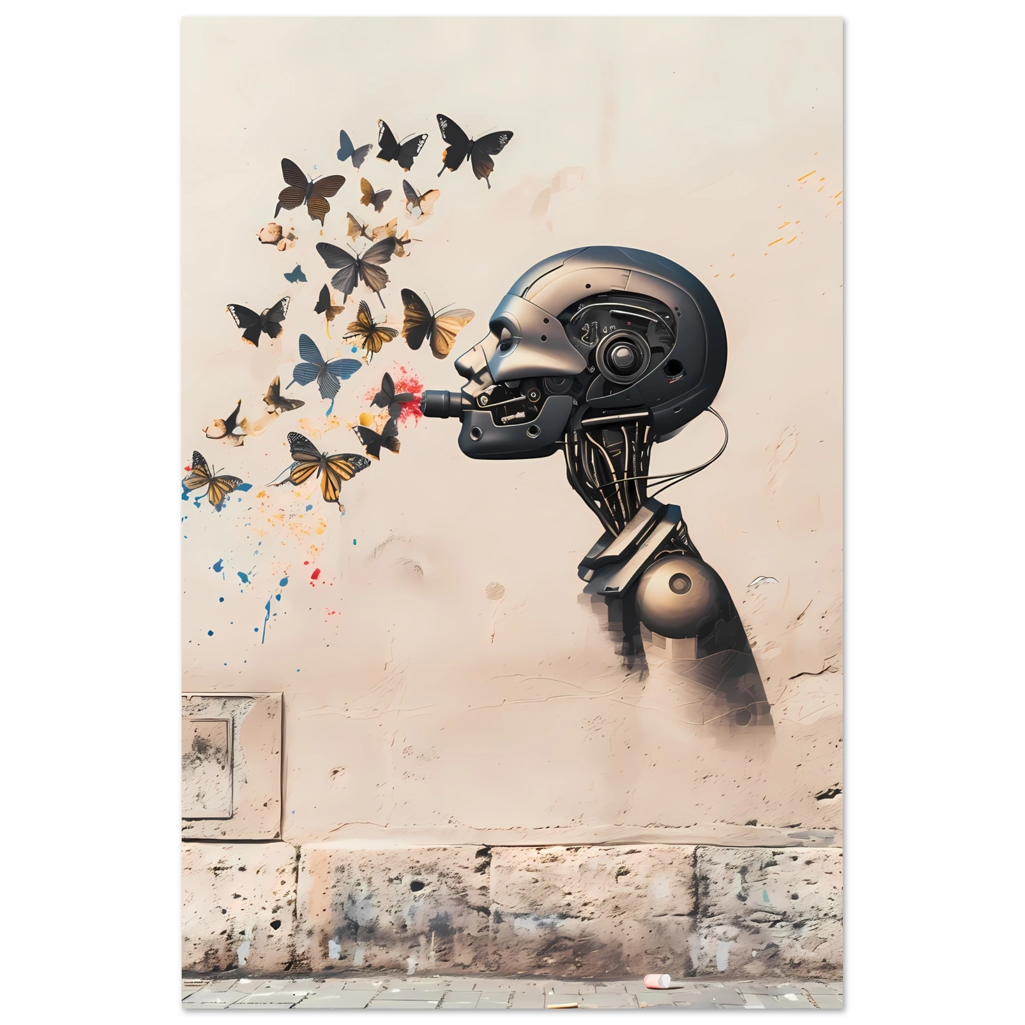 Robot painting shapes that become butterflies — Banksy style creative art.