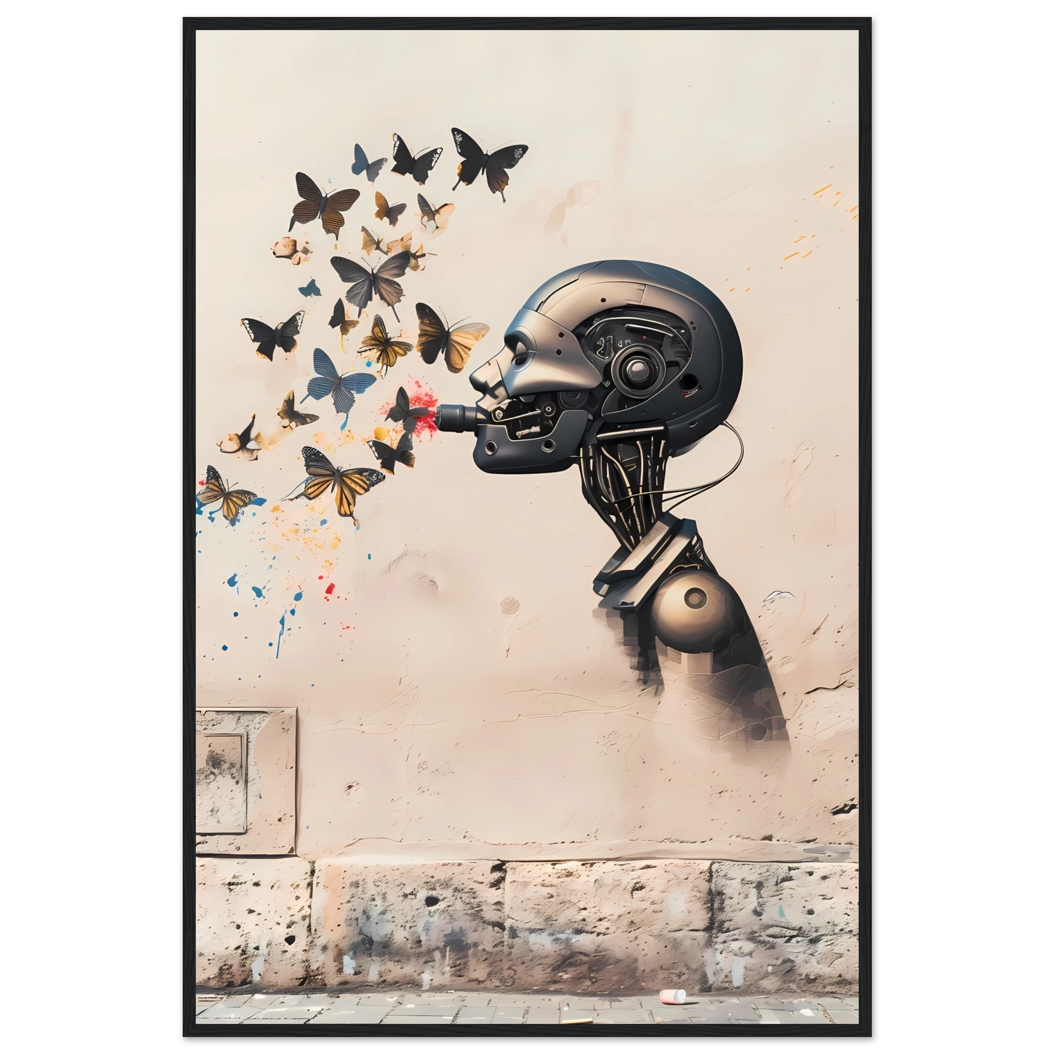 Robot painting shapes that become butterflies — Banksy style creative art.