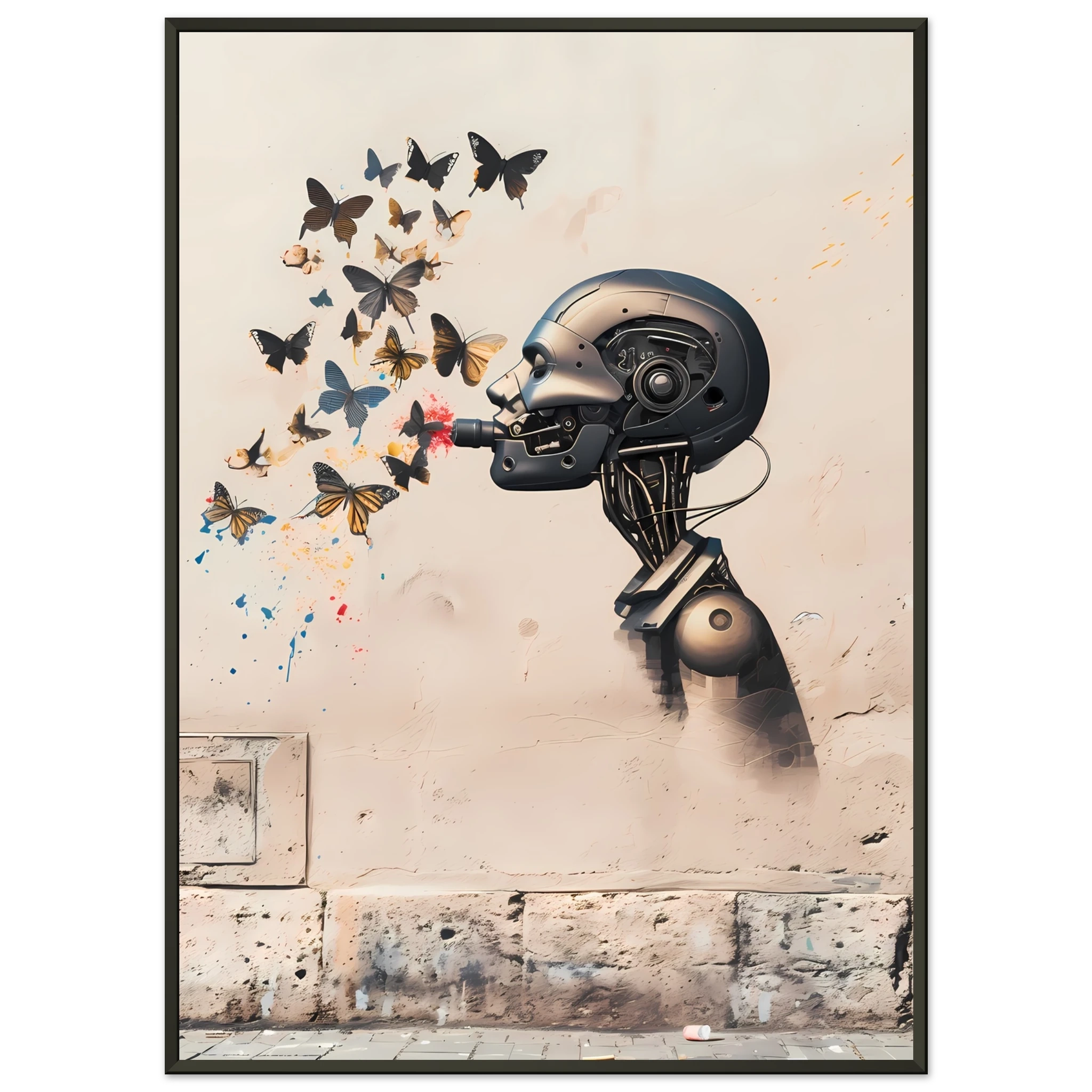 Robot painting shapes that become butterflies — Banksy style creative art.