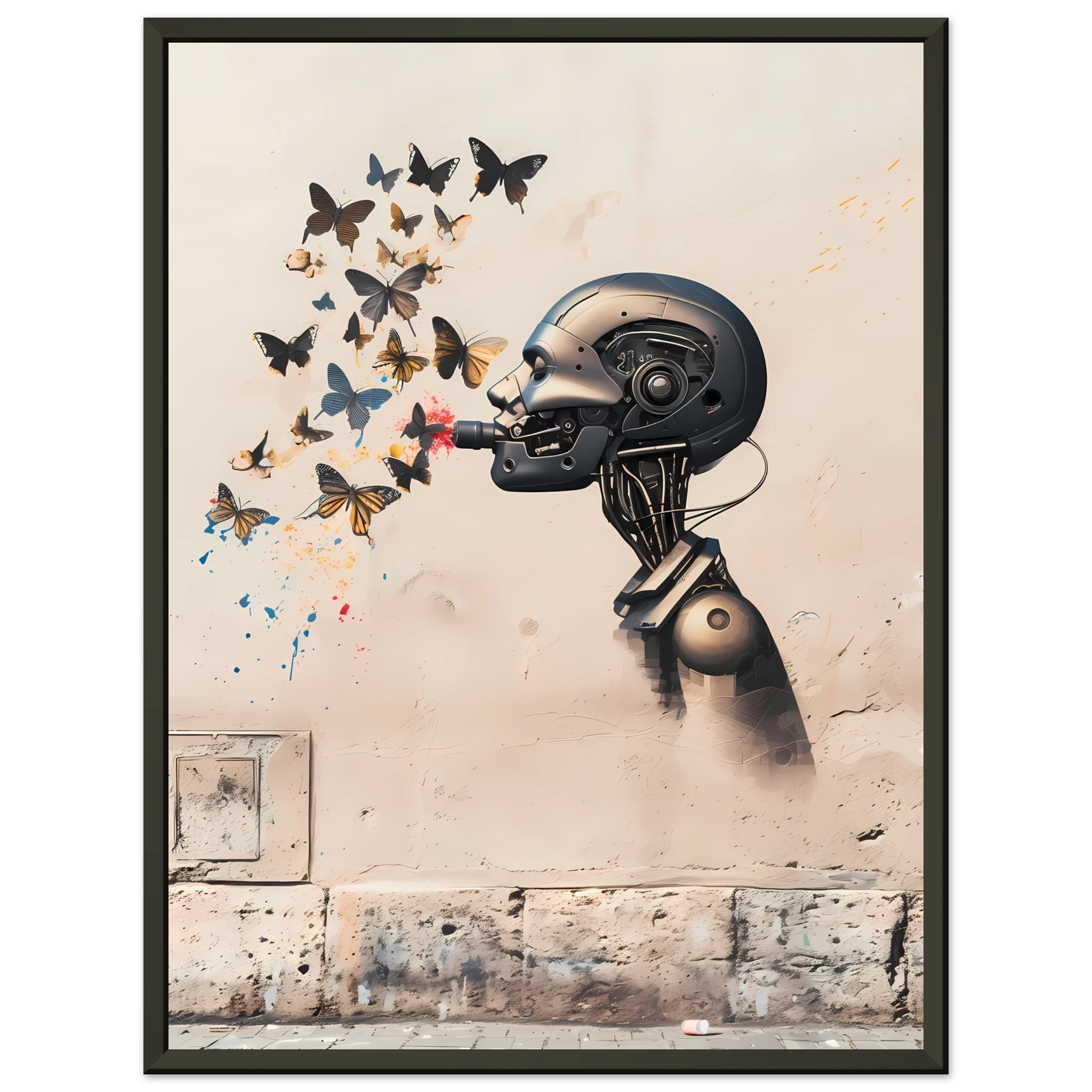 Robot painting shapes that become butterflies — Banksy style creative art.