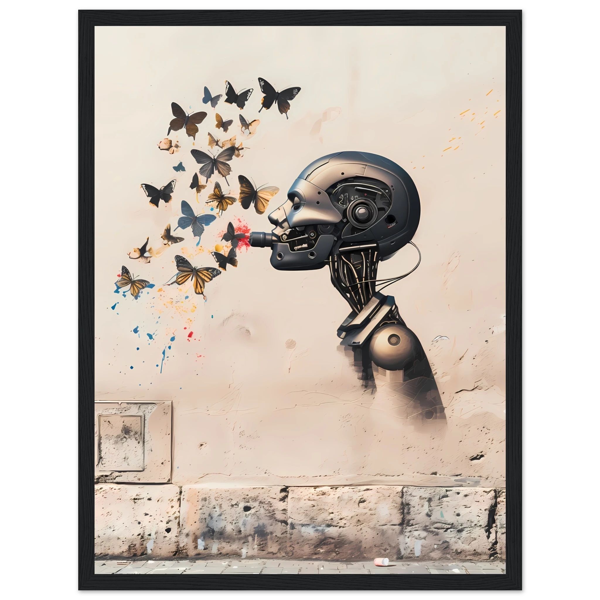 Robot painting shapes that become butterflies — Banksy style creative art.