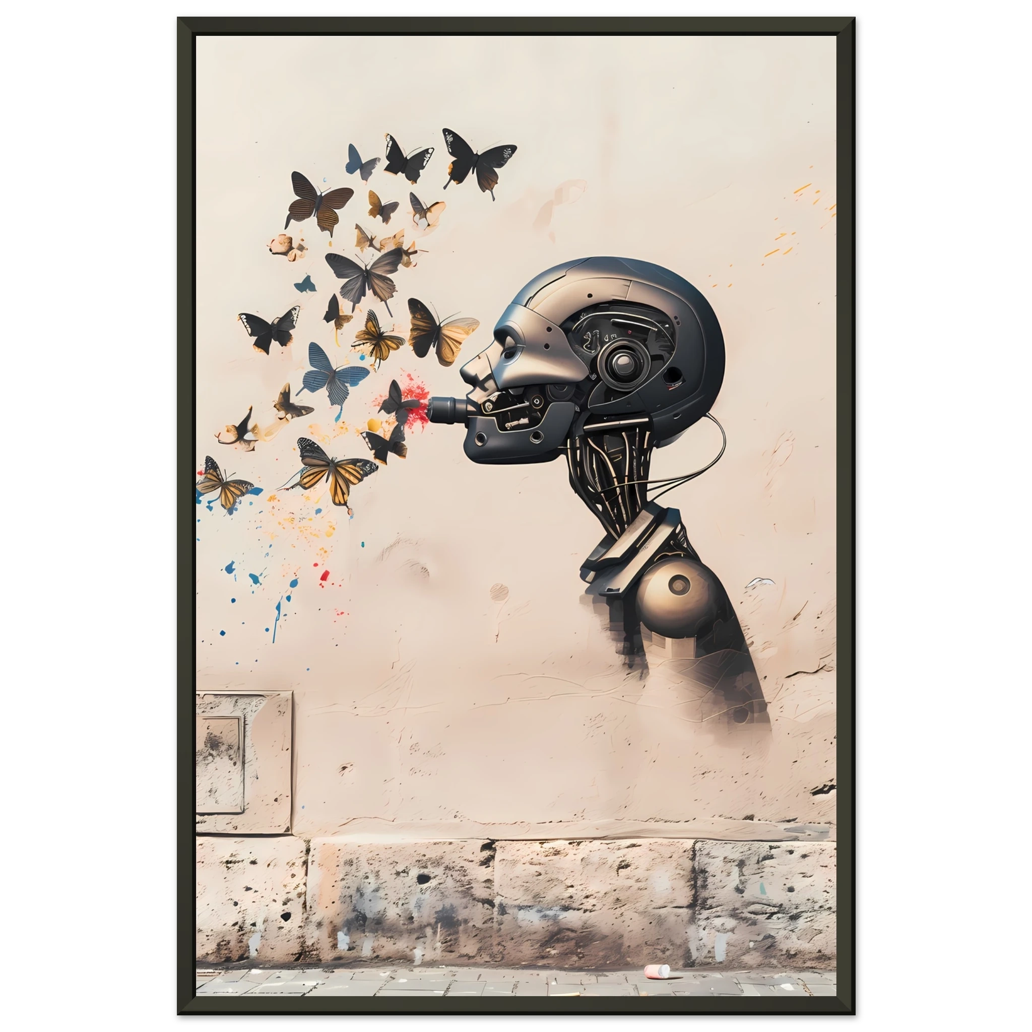 Robot painting shapes that become butterflies — Banksy style creative art.
