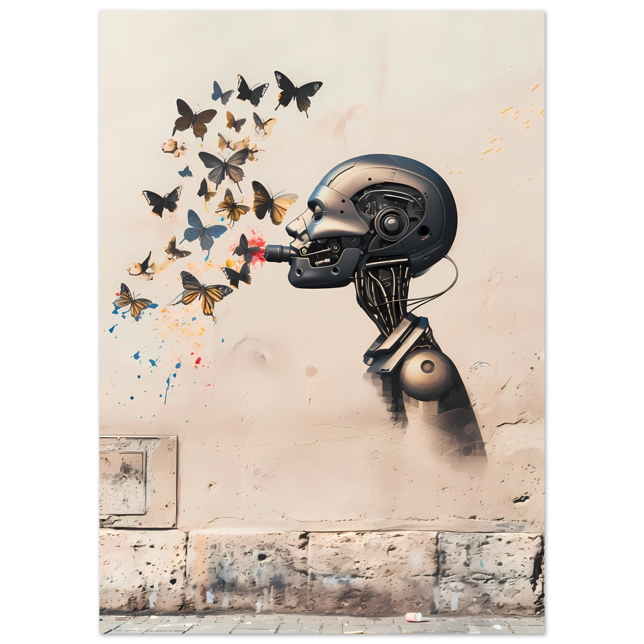 Robot painting shapes that become butterflies — Banksy style creative art.