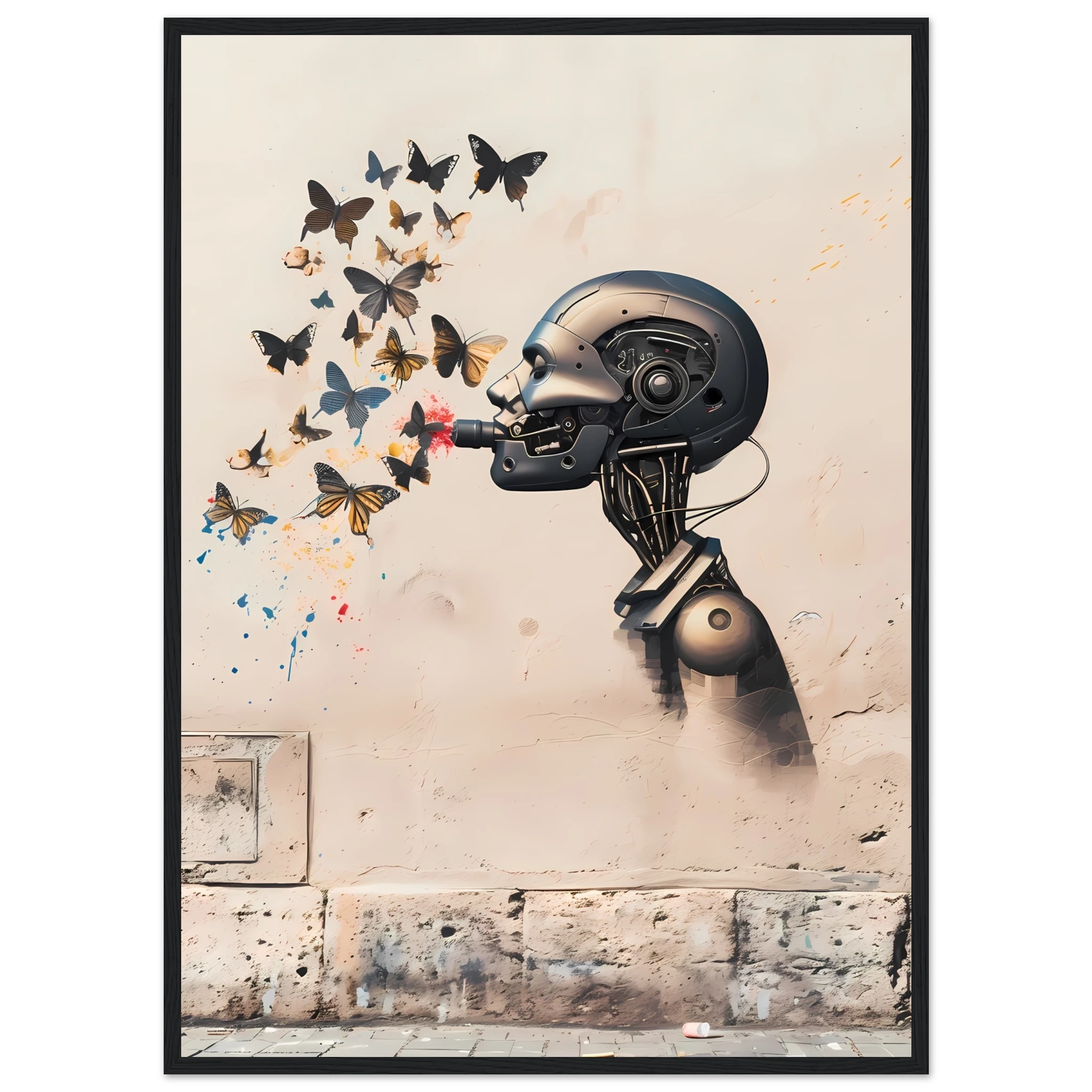 Robot painting shapes that become butterflies — Banksy style creative art.