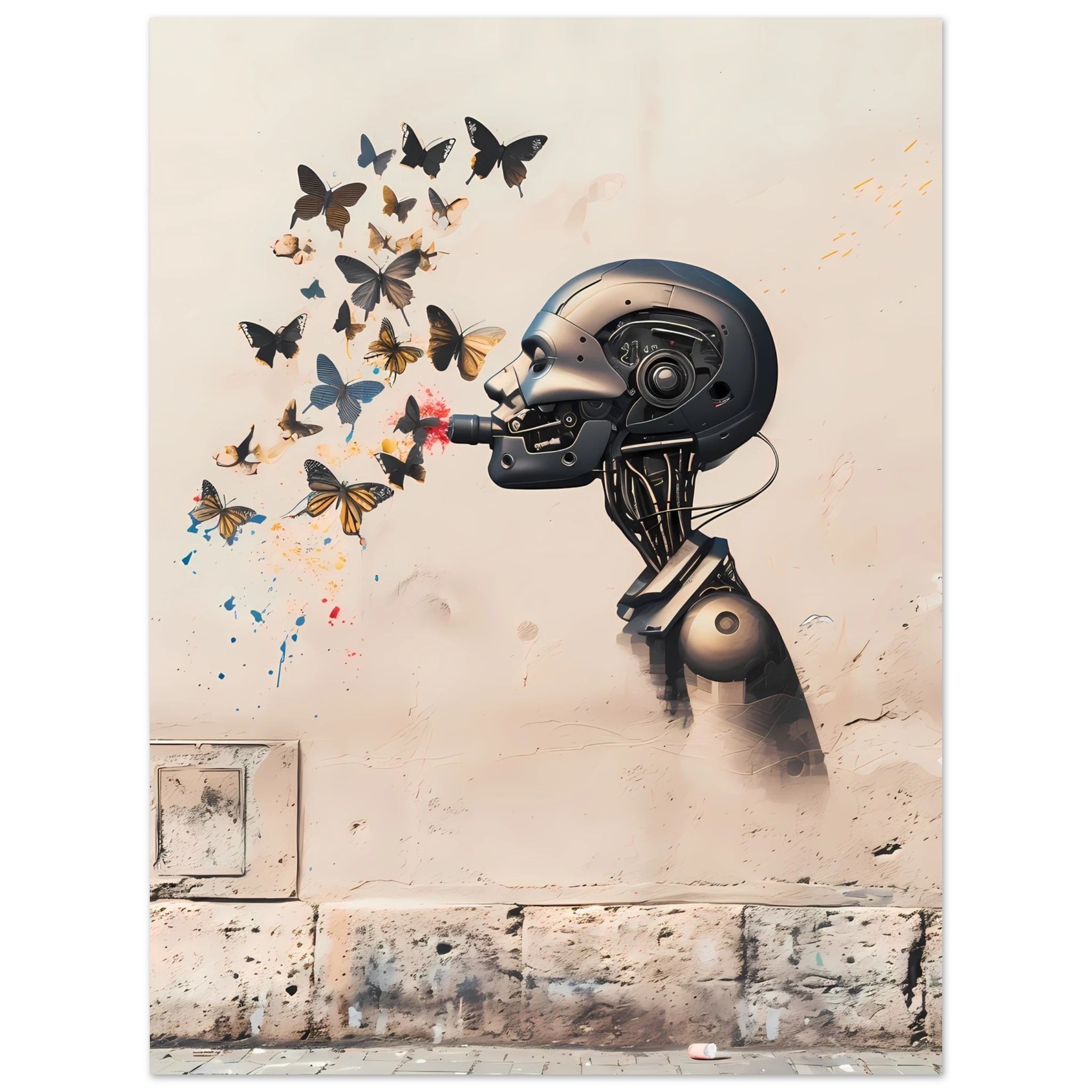 Robot painting shapes that become butterflies — Banksy style creative art.