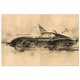 Jaguar E-Type speeding past Giza pyramids — graphite vintage car sketch wall art.