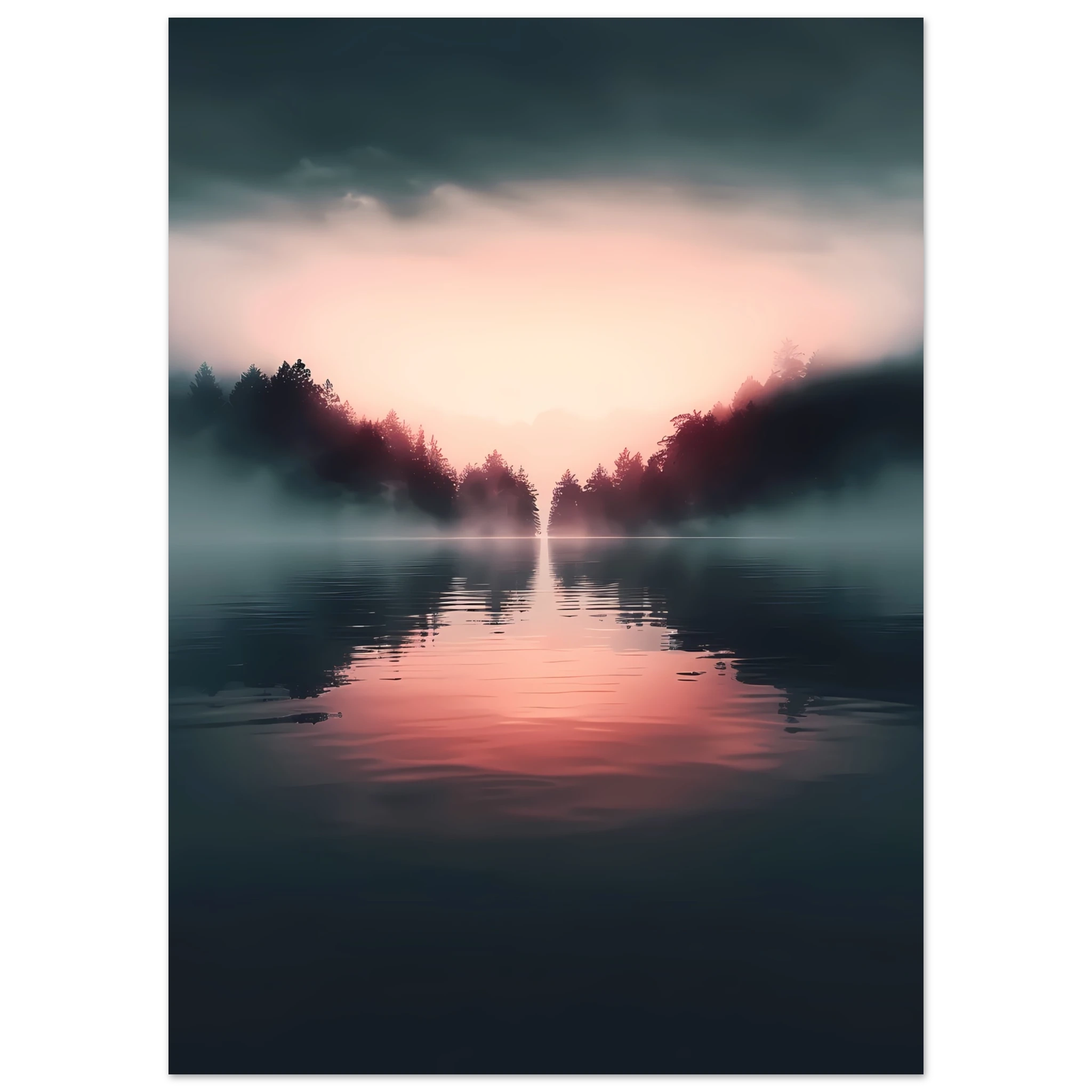 Mirror-like shoreline reflecting pink sunset — minimalist tranquil ocean wall art.