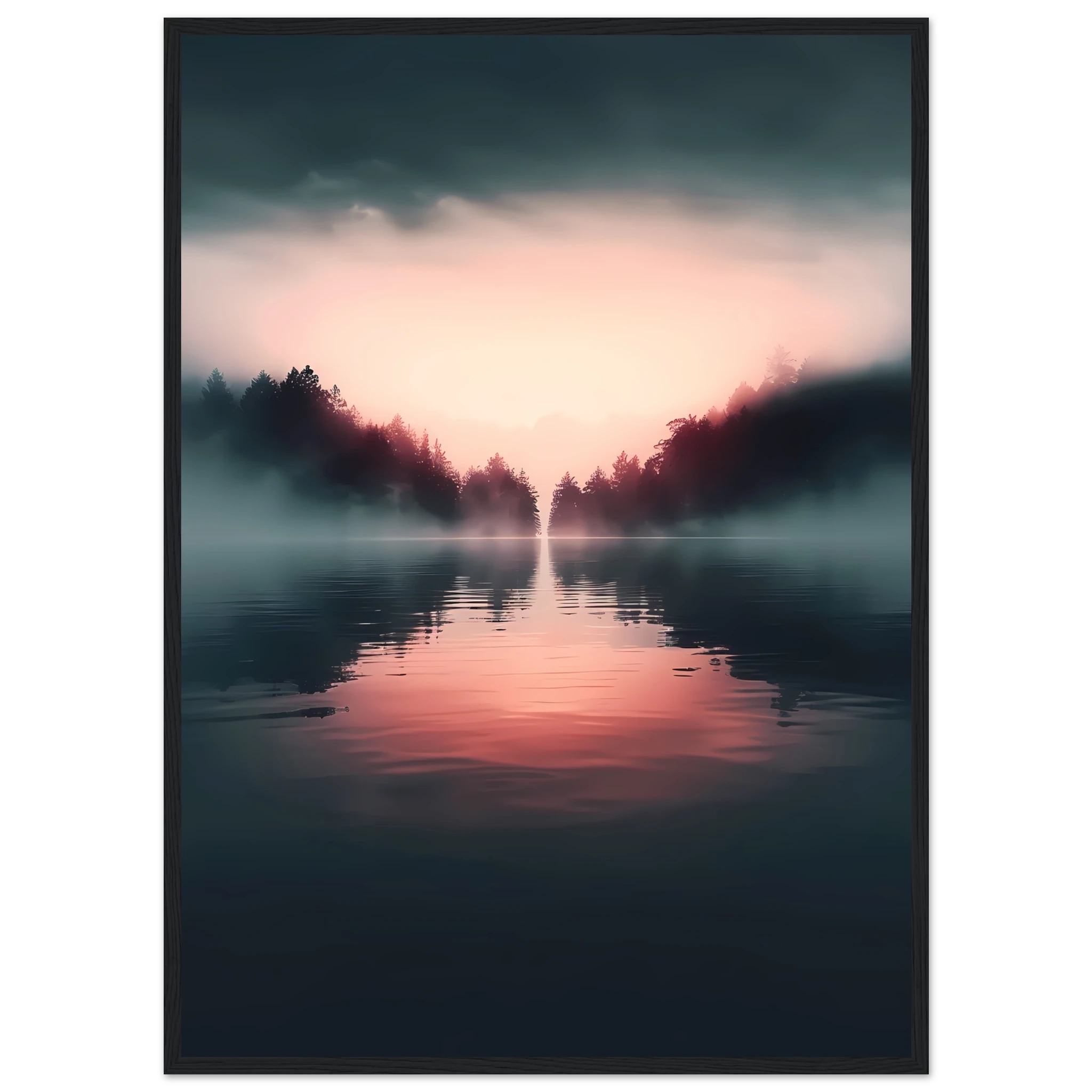 Mirror-like shoreline reflecting pink sunset — minimalist tranquil ocean wall art.