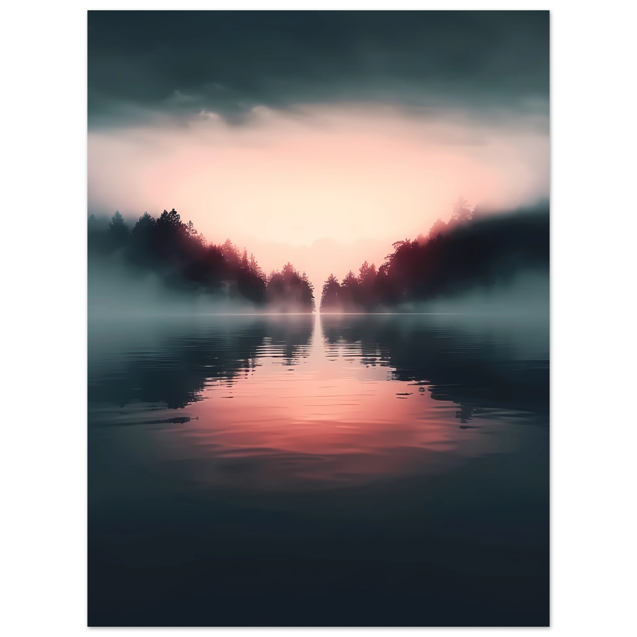 Mirror-like shoreline reflecting pink sunset — minimalist tranquil ocean wall art.