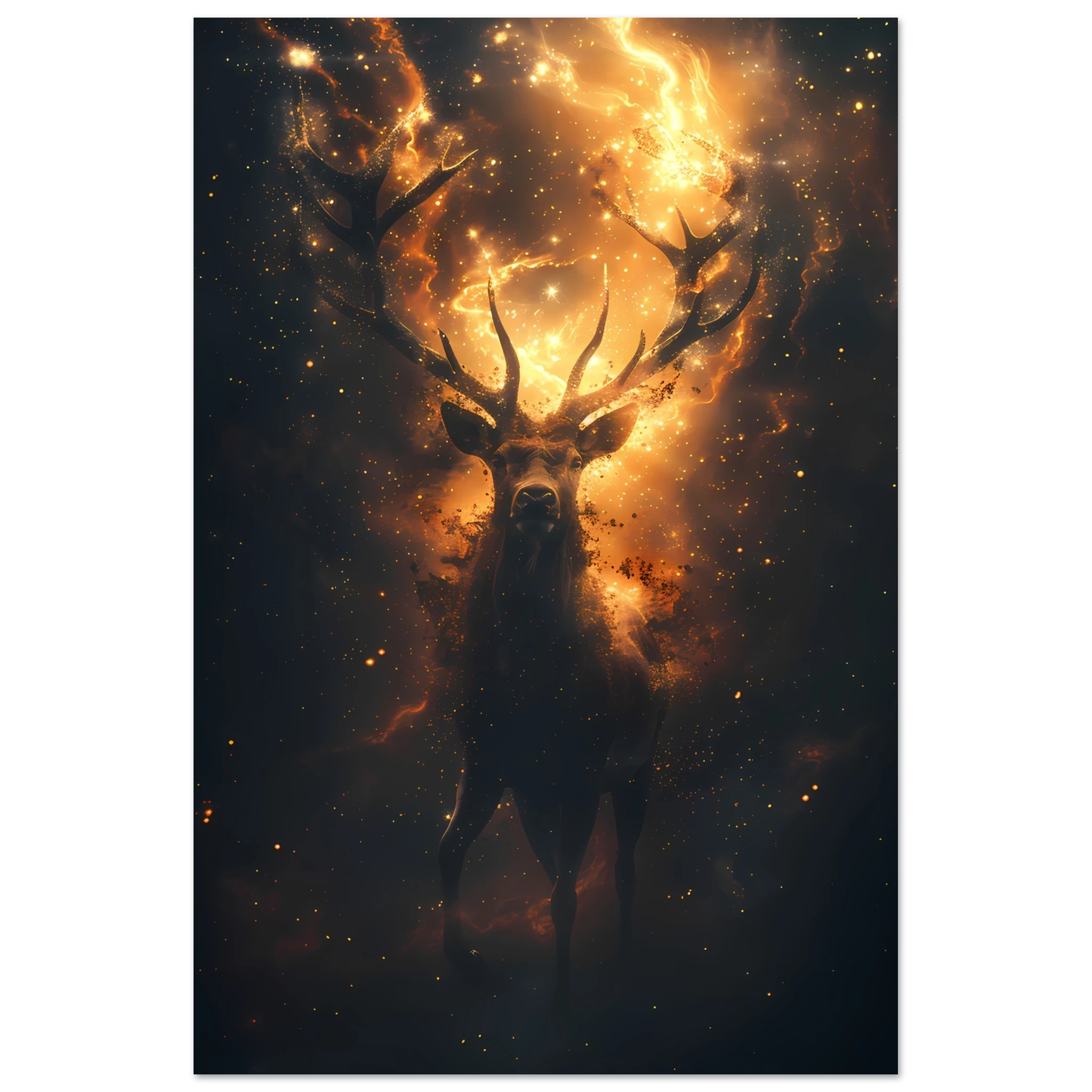 Cosmic deer portrait with constellation antlers and radiant starlight — premium fantasy wall print for modern homes.