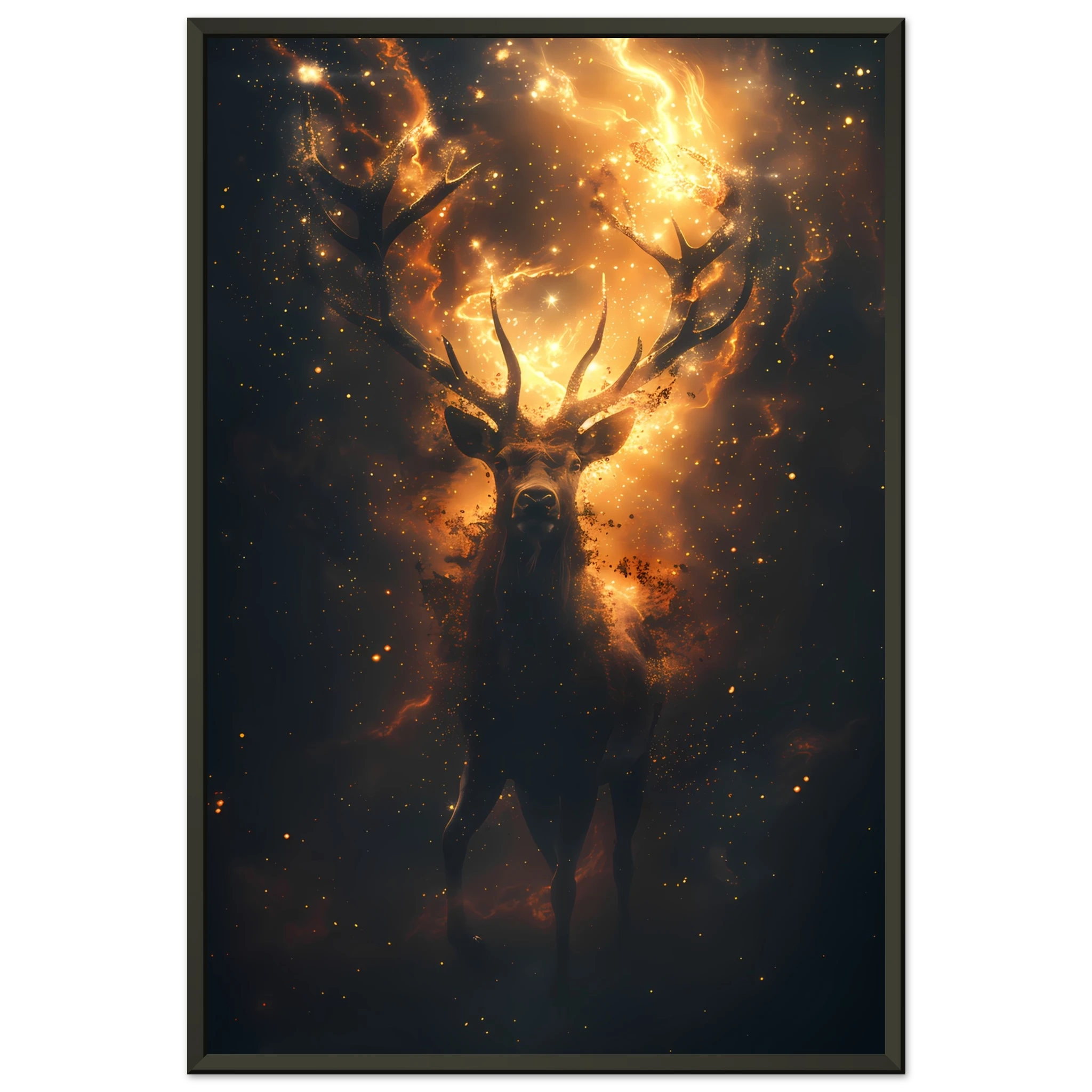 Cosmic deer portrait with constellation antlers and radiant starlight — premium fantasy wall print for modern homes.