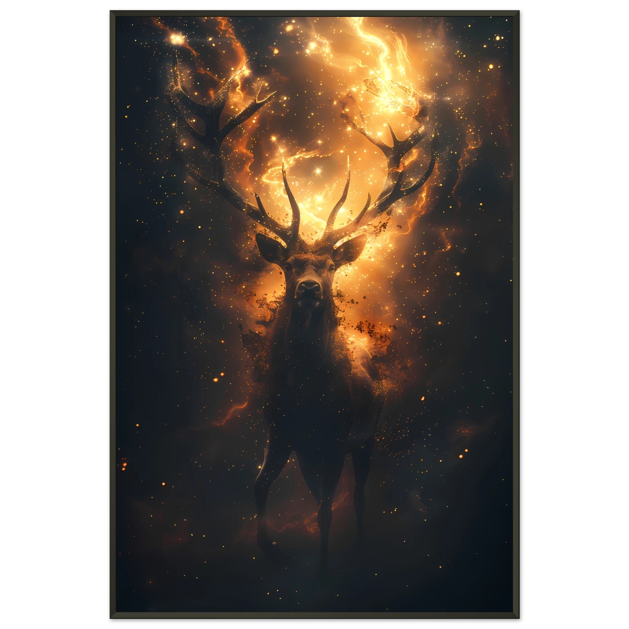 Cosmic deer portrait with constellation antlers and radiant starlight — premium fantasy wall print for modern homes.