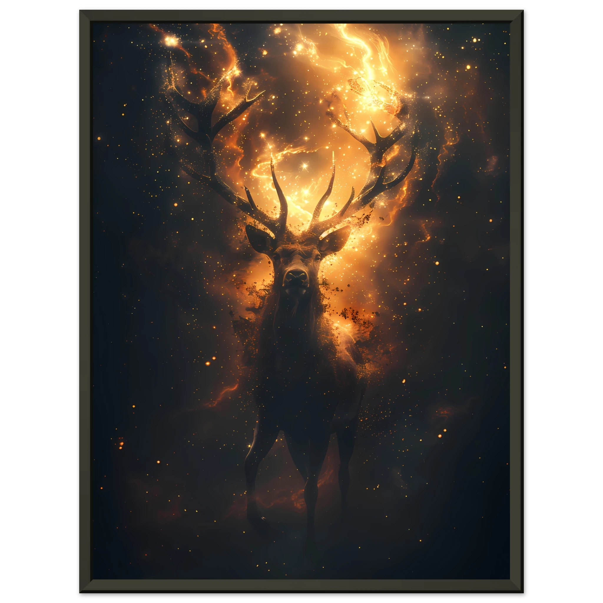 Cosmic deer portrait with constellation antlers and radiant starlight — premium fantasy wall print for modern homes.