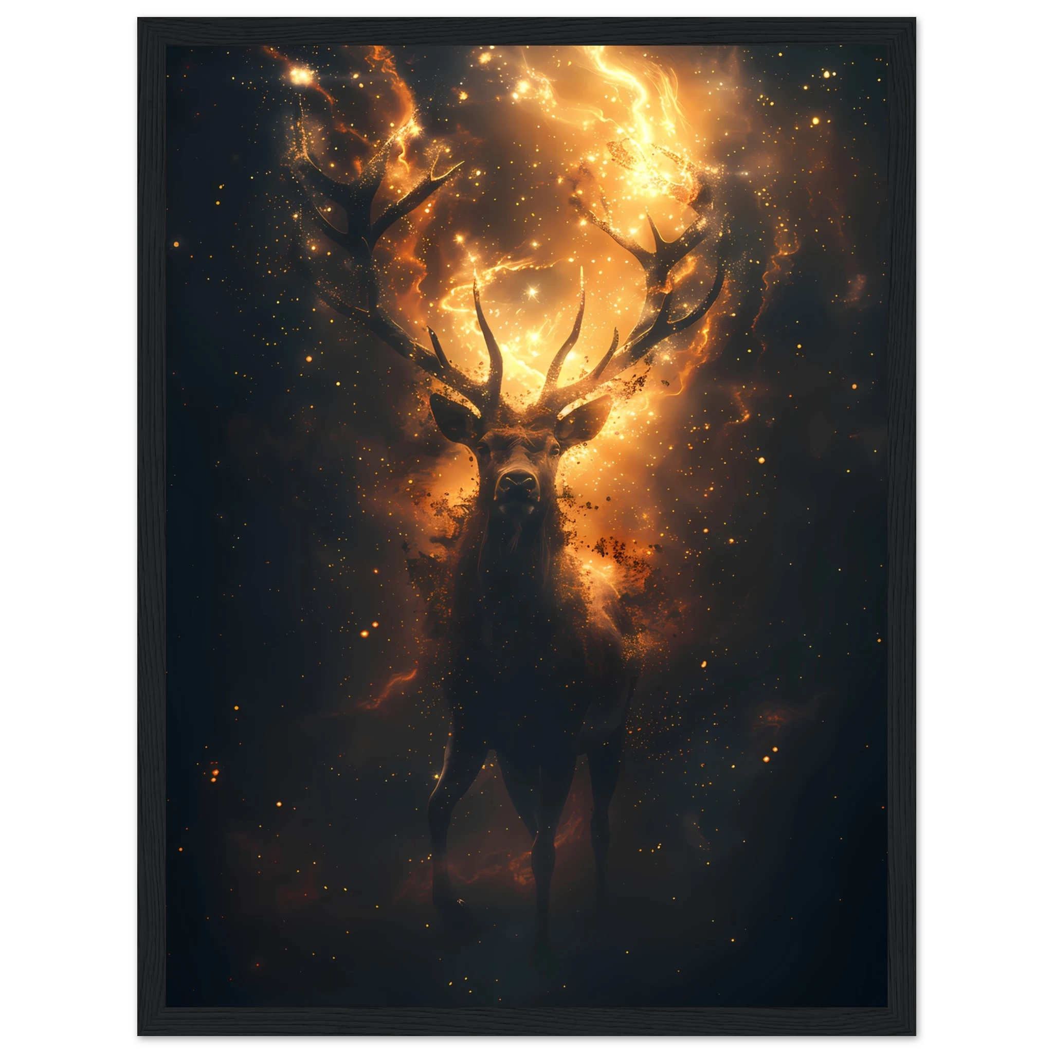 Cosmic deer portrait with constellation antlers and radiant starlight — premium fantasy wall print for modern homes.