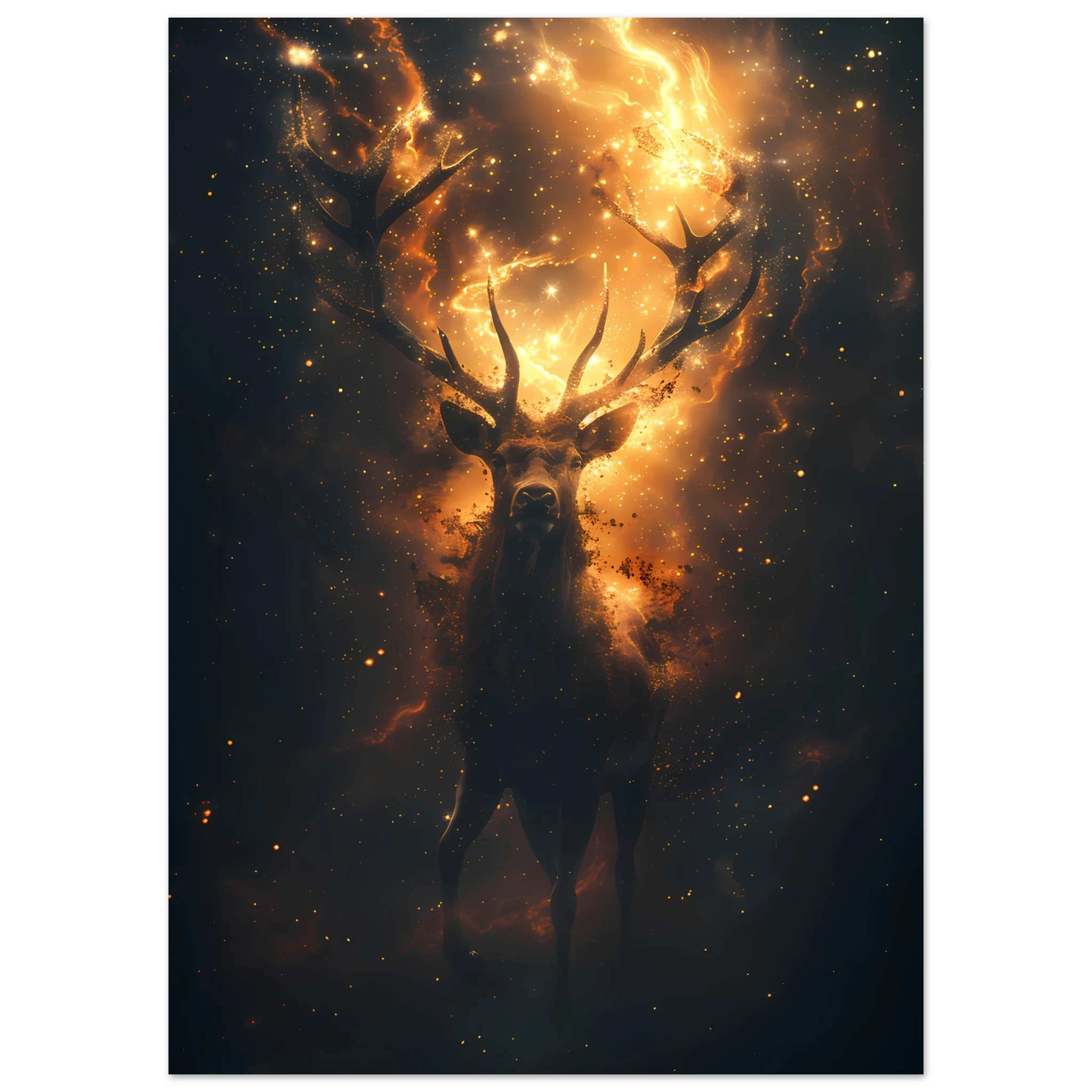 Cosmic deer portrait with constellation antlers and radiant starlight — premium fantasy wall print for modern homes.