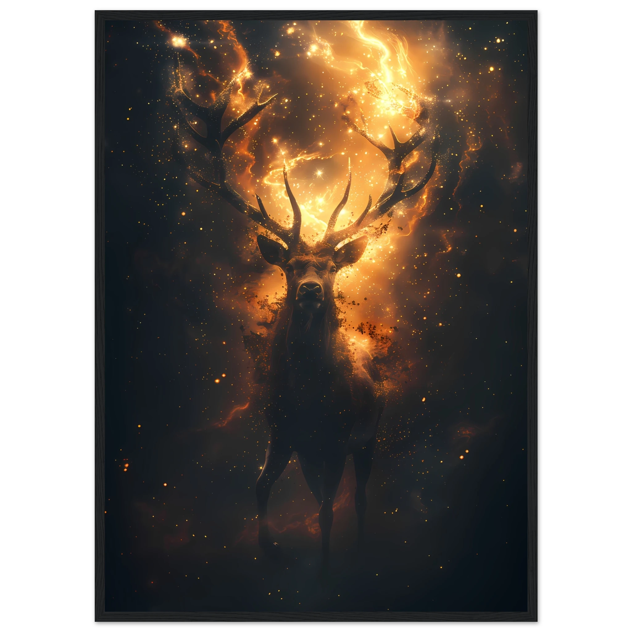 Cosmic deer portrait with constellation antlers and radiant starlight — premium fantasy wall print for modern homes.
