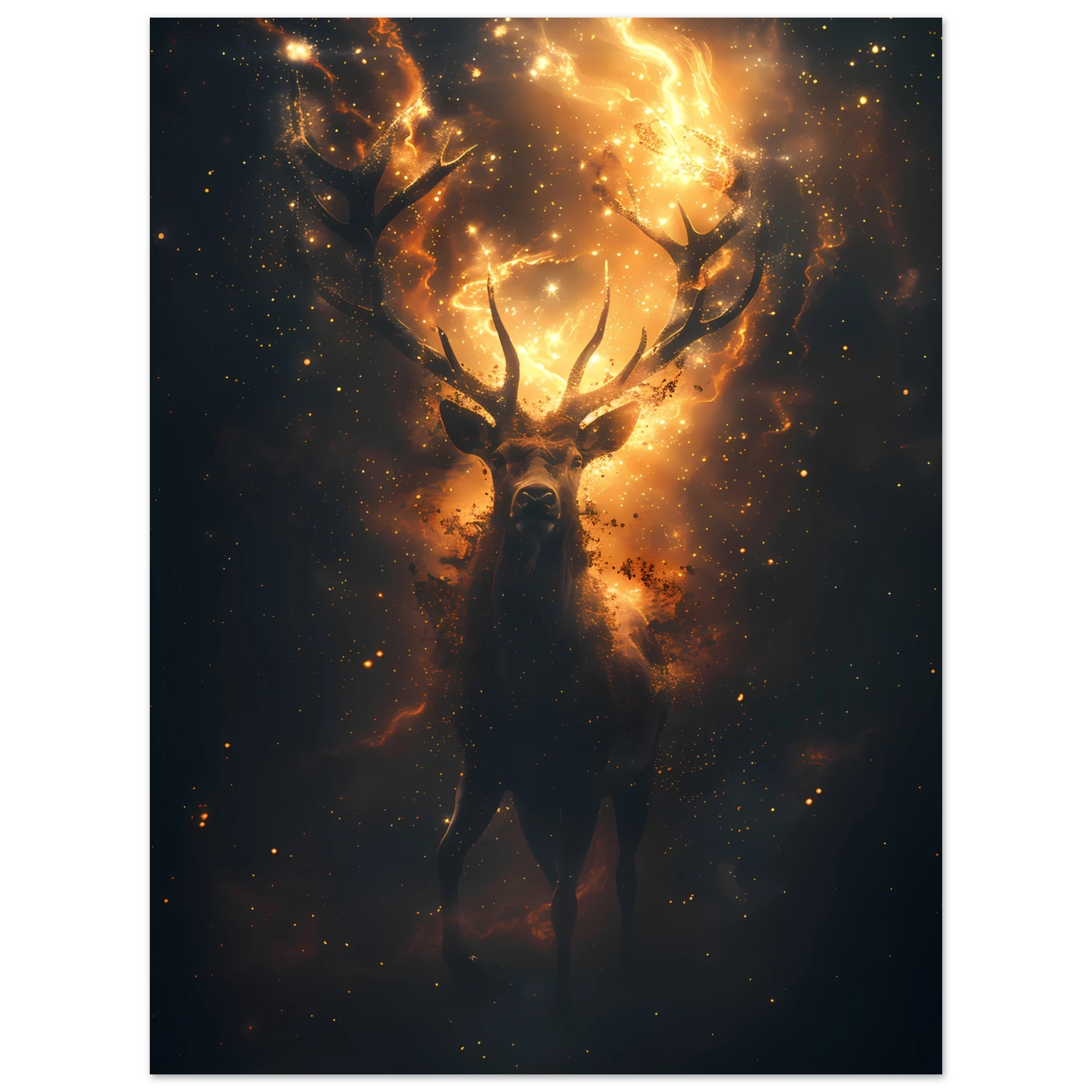 Cosmic deer portrait with constellation antlers and radiant starlight — premium fantasy wall print for modern homes.