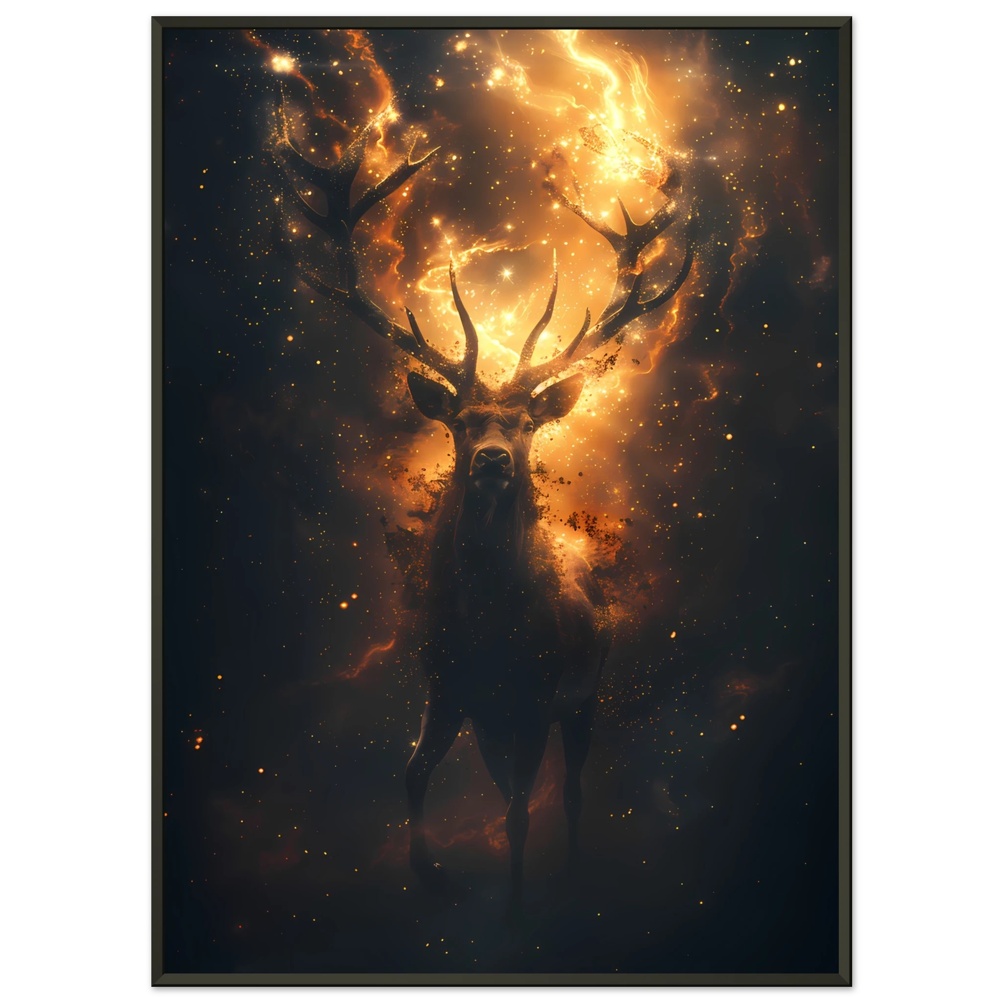 Cosmic deer portrait with constellation antlers and radiant starlight — premium fantasy wall print for modern homes.